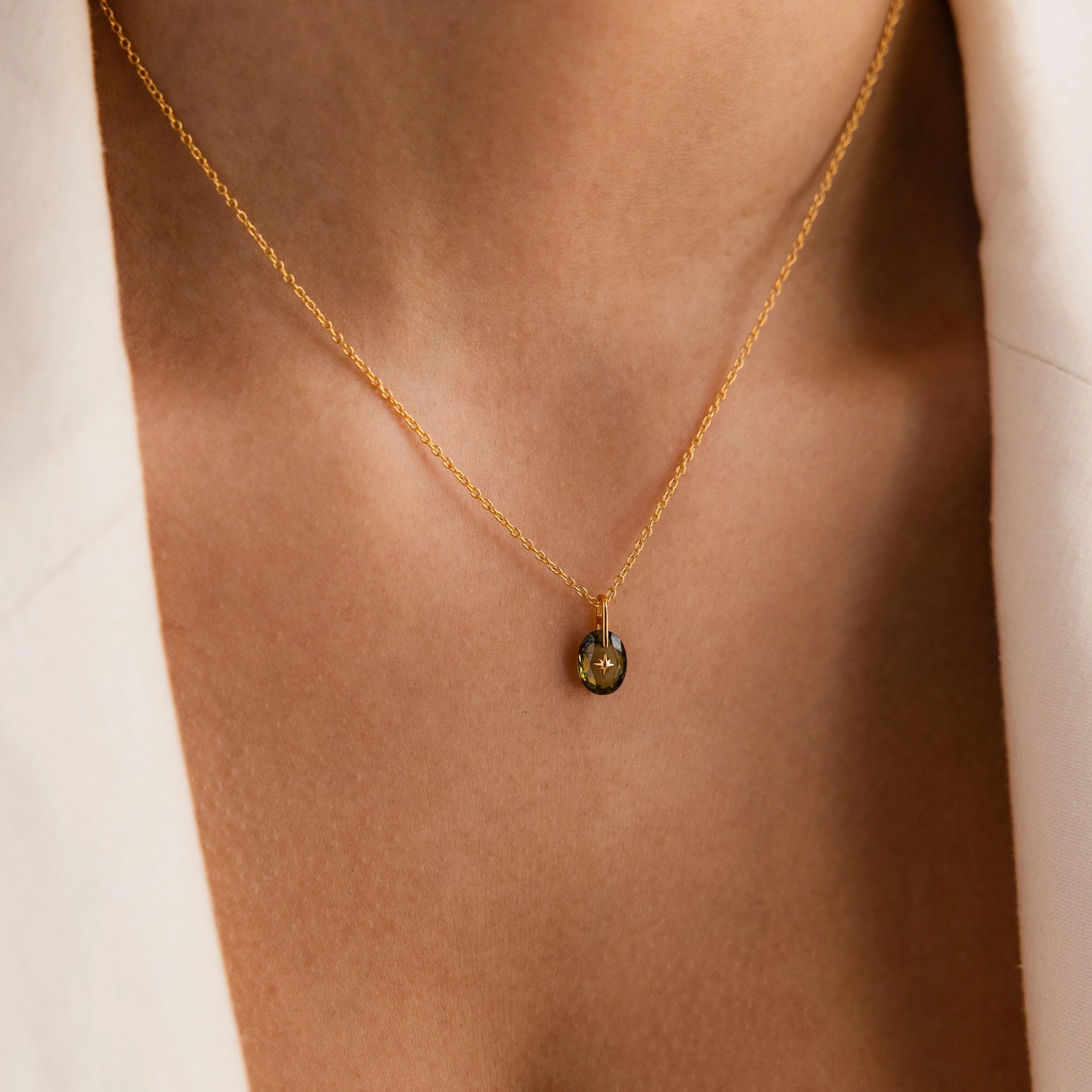 North Star Birthstone Signet Necklace in Aquamarine Silver 18K Gold Plated