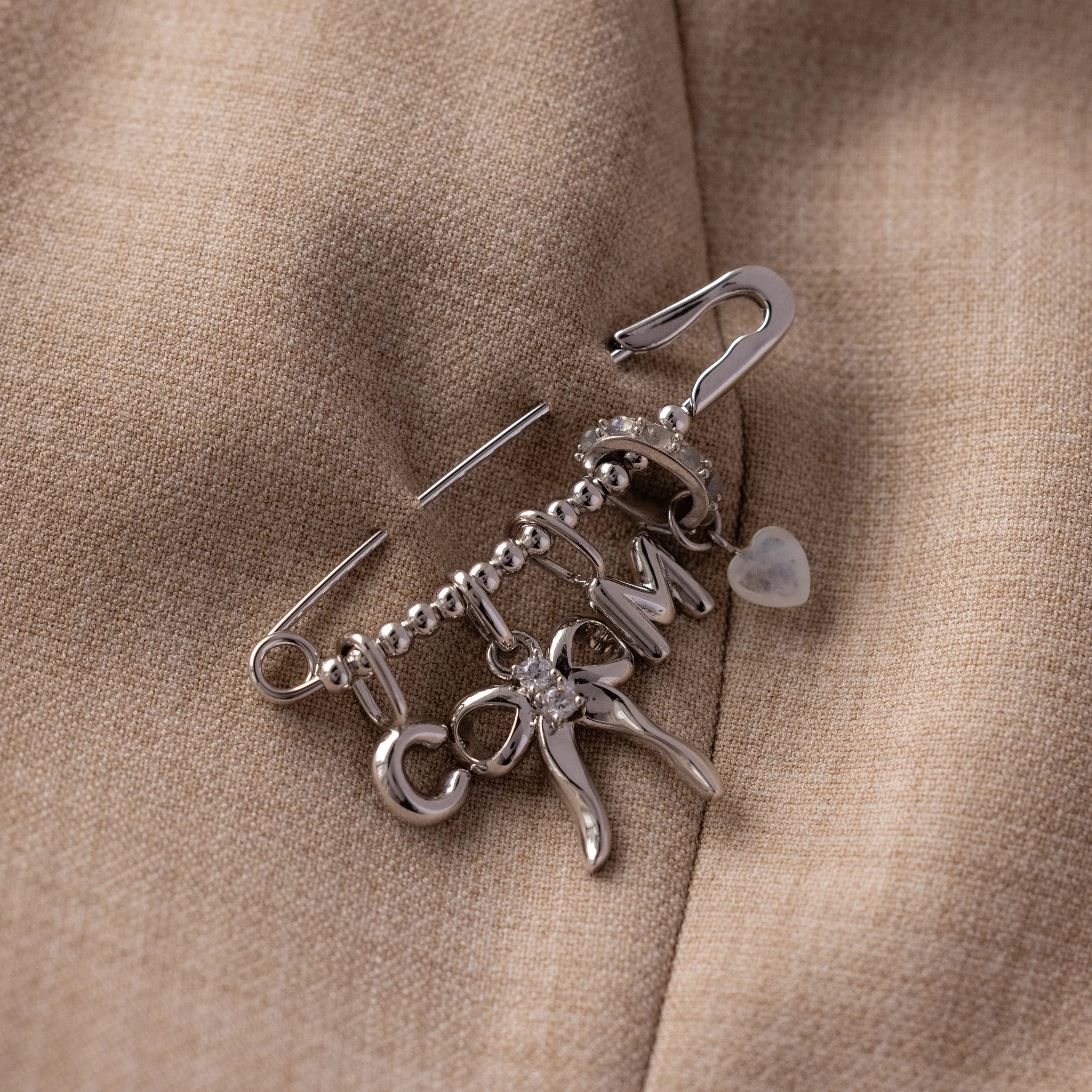 Beaded Charm Pin Silver 18K Gold Plated