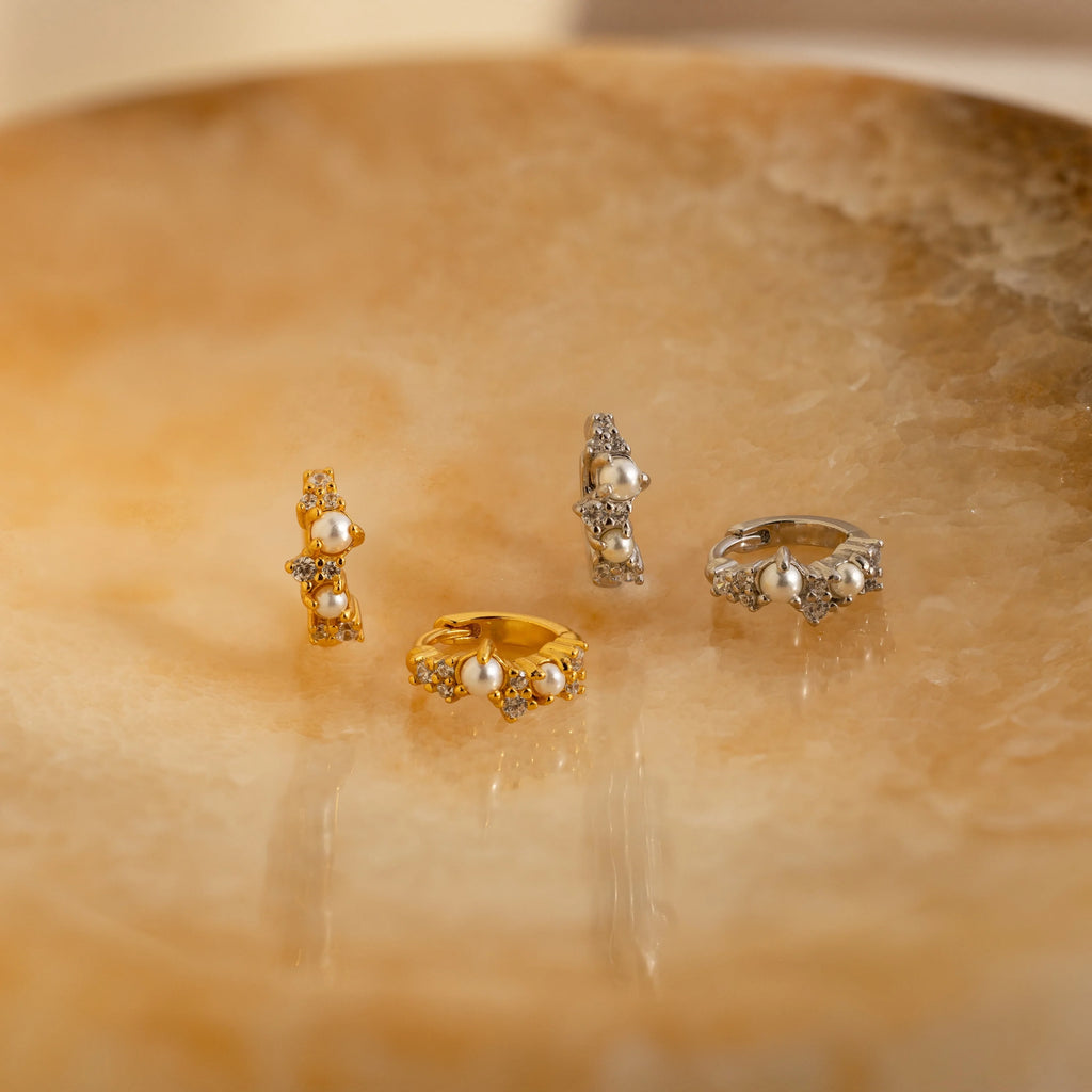 Pearl Diamond Cluster Huggies Silver 18K Gold Plated