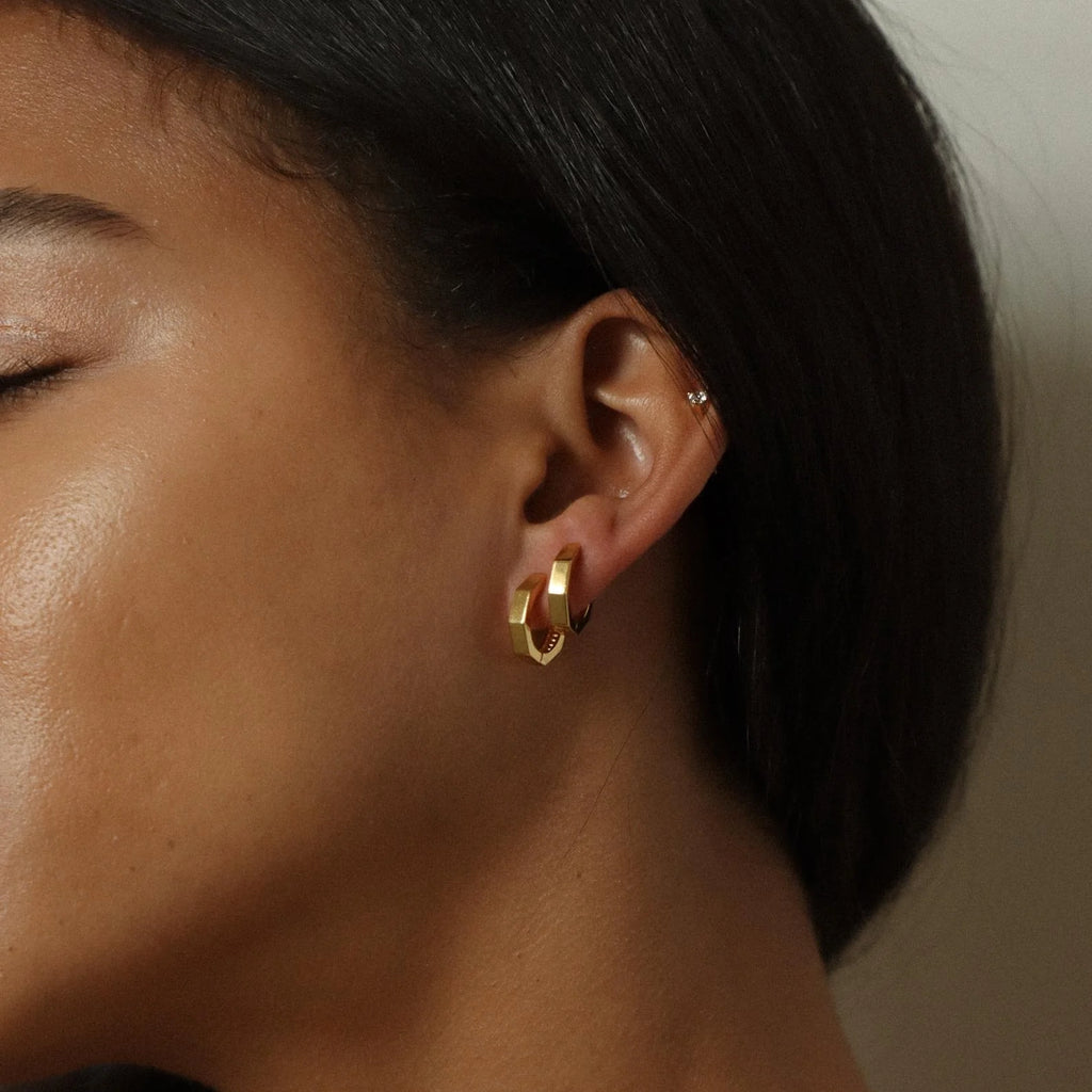Hexagon Huggie Earrings Silver 18K Gold Plated