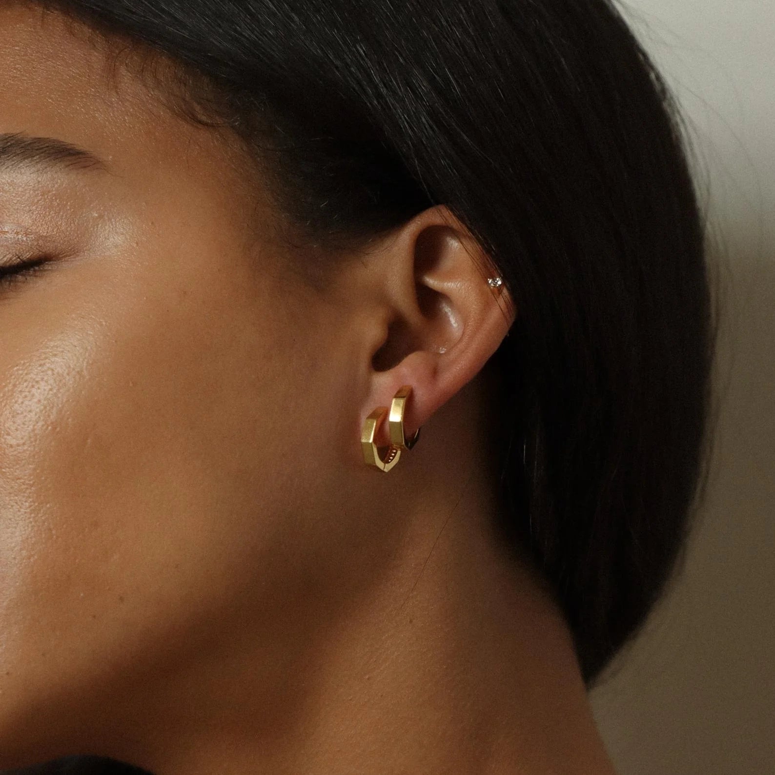 Hexagon Huggie Earrings Silver 18K Gold Plated