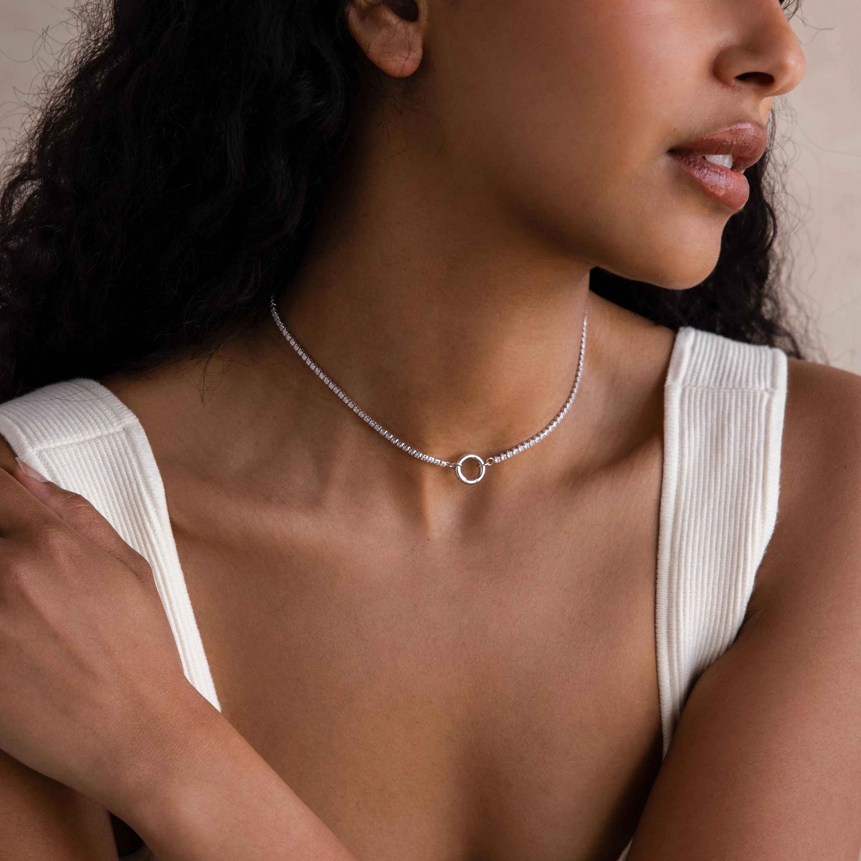 Diamond  Circle Clasp Necklace Silver 18K Gold Plated