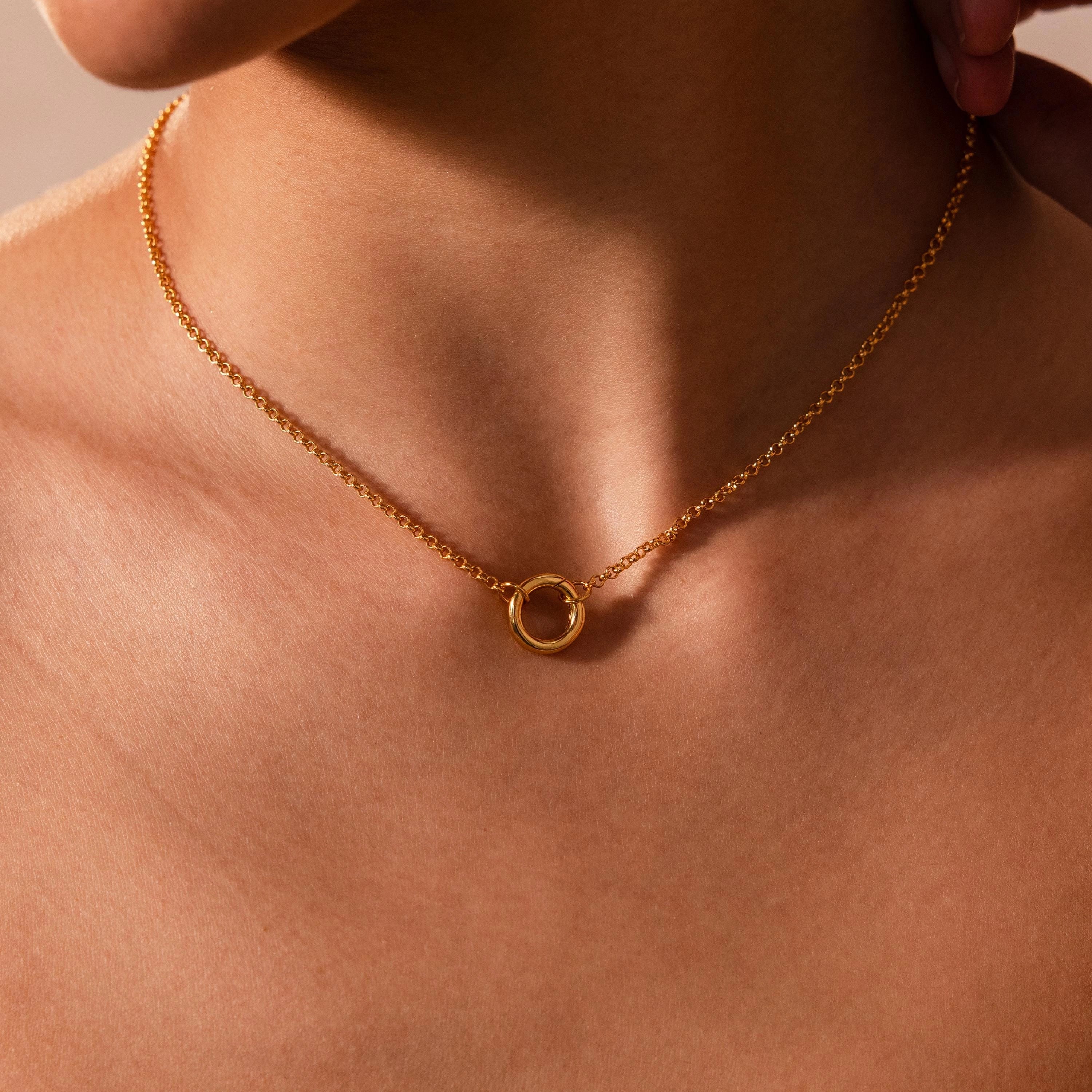 Cable Chain Circle Charm Necklace Silver 18K Gold Plated