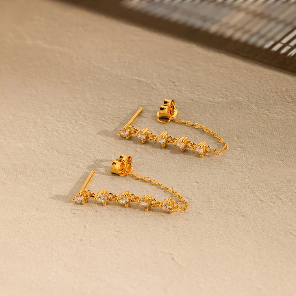 Diamond Chain Drop Earrings Silver 18K Gold Plated