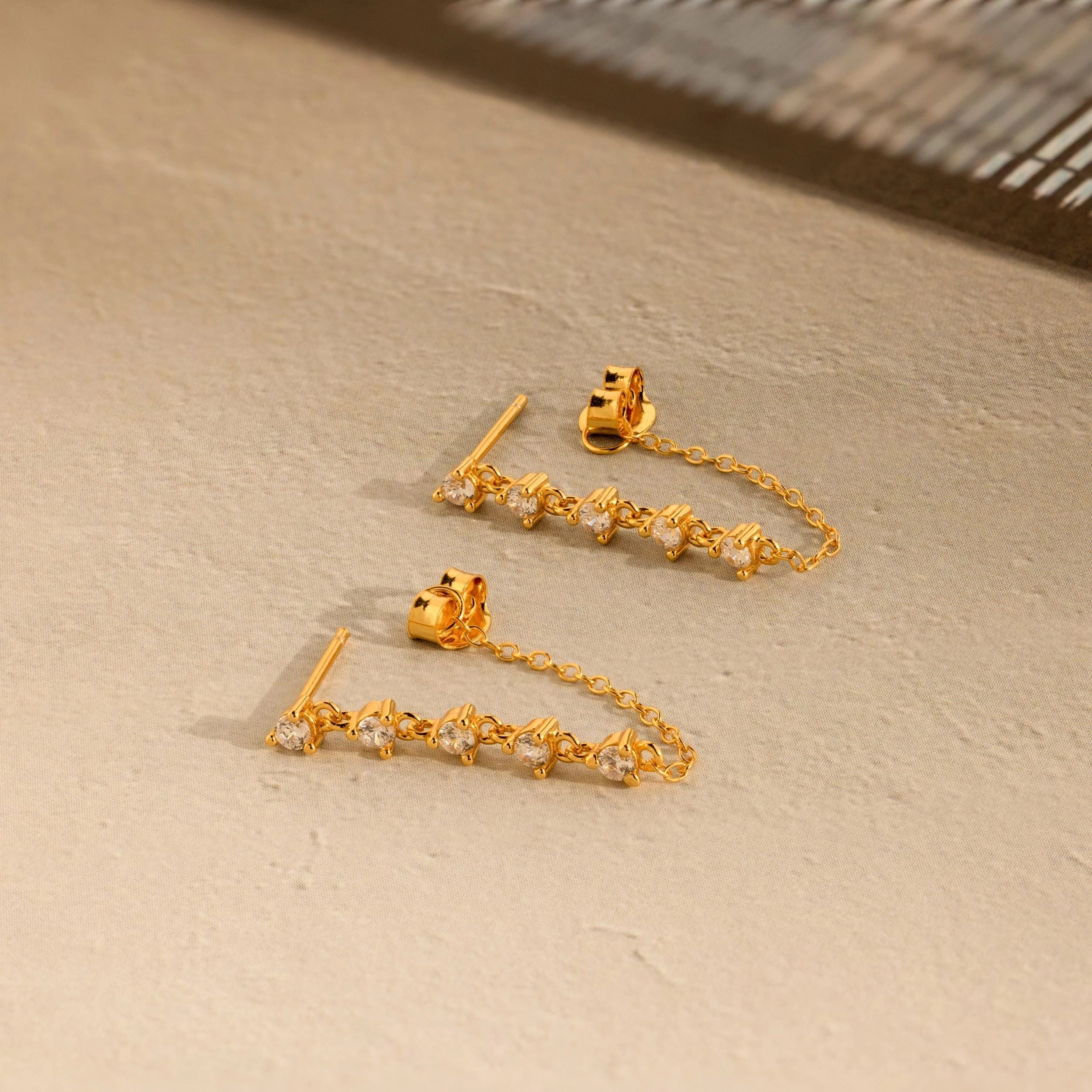 Diamond Chain Drop Earrings Silver 18K Gold Plated