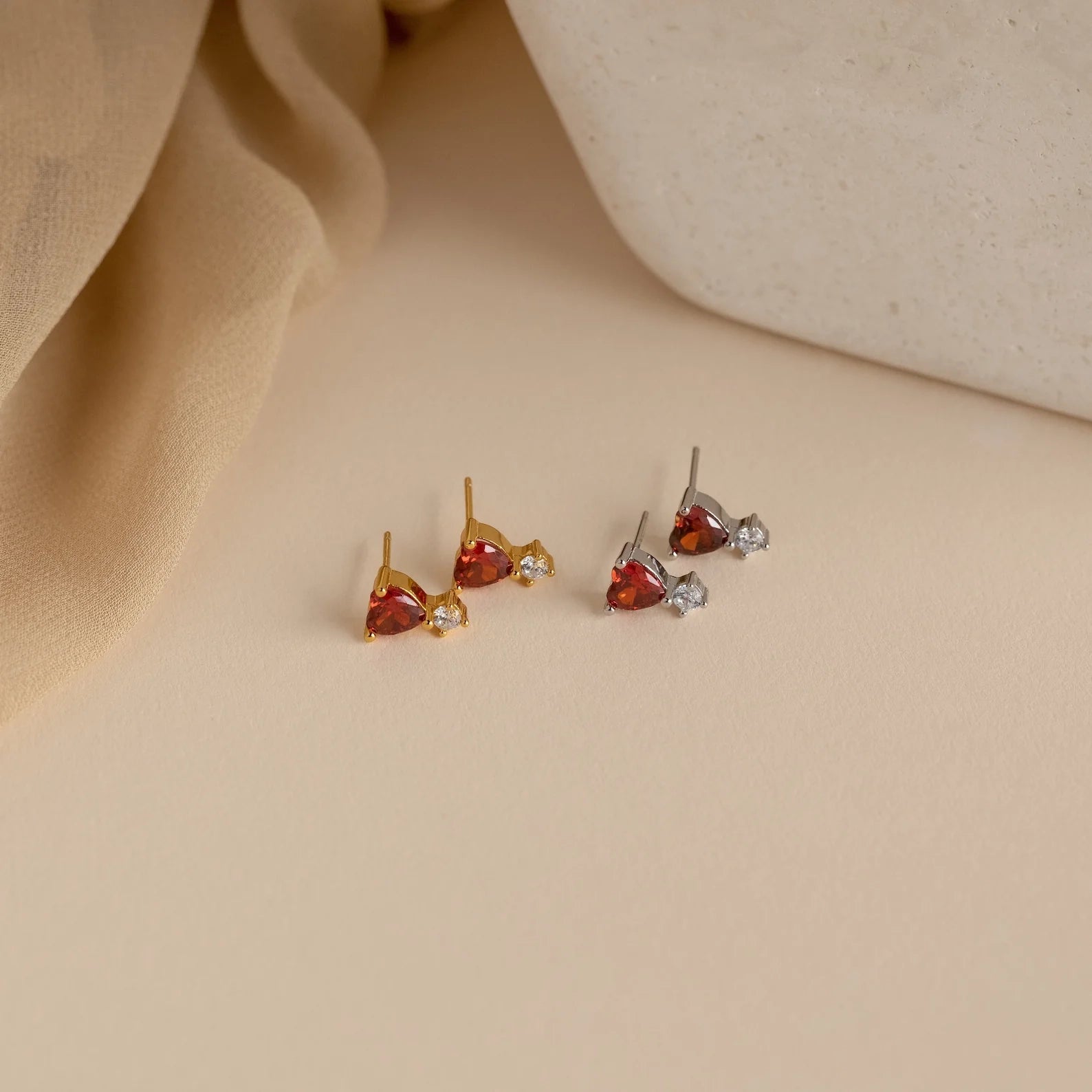 Diamond Garnet Heart Studs Silver 18K Gold Plated