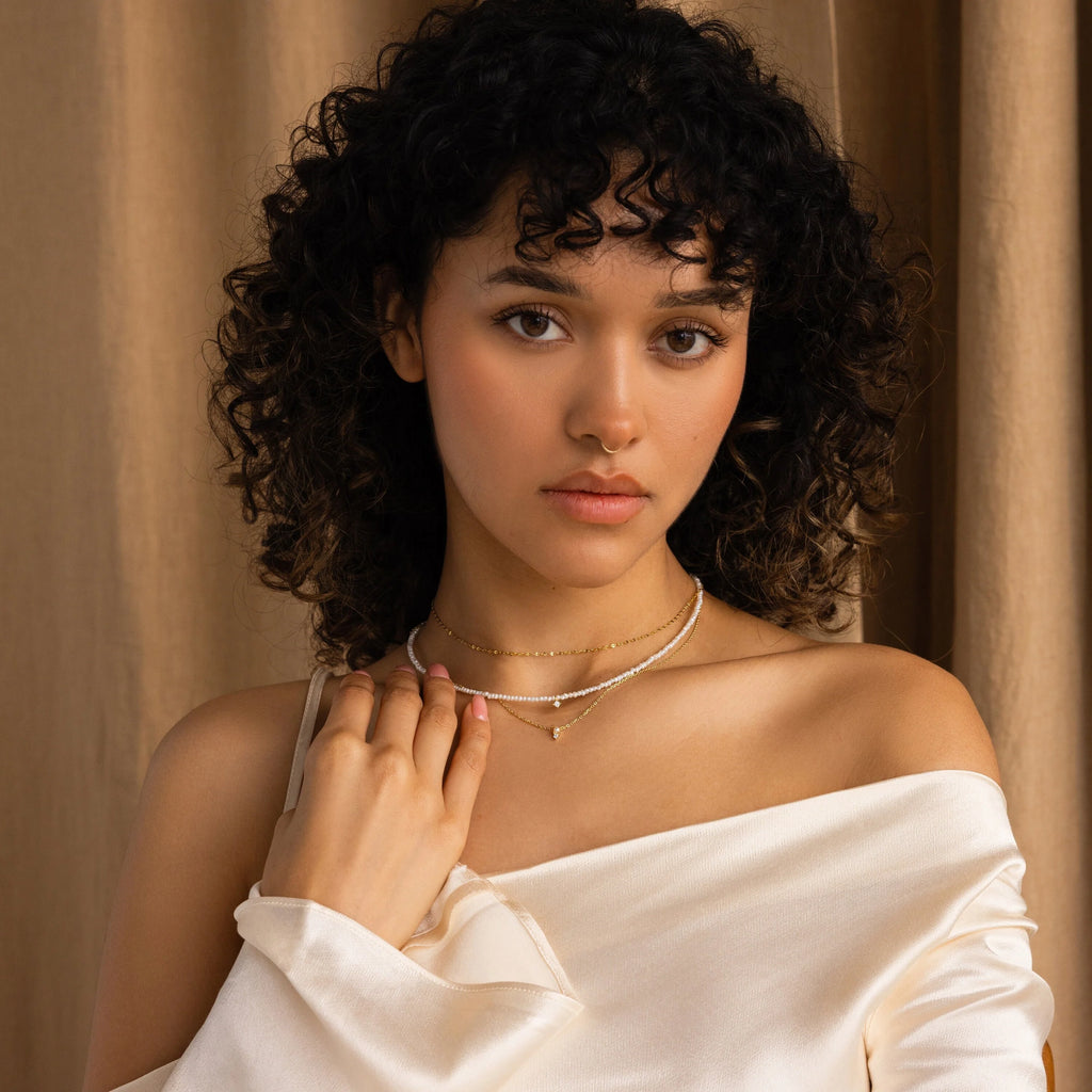 Pearl & Diamond Duo Necklace Silver 18K Gold Plated