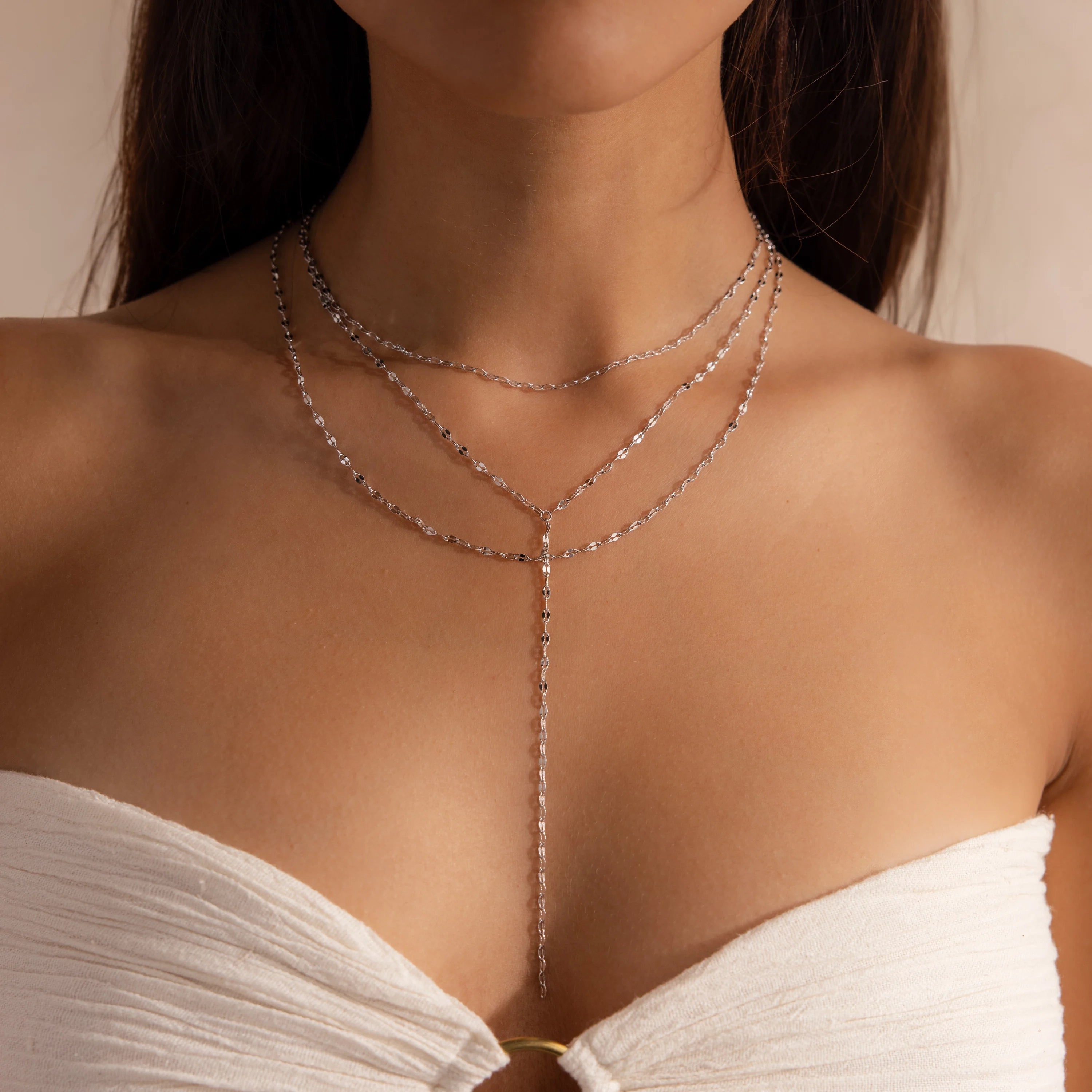 Sparkling Layered Lariat Necklace Silver 18K Gold Plated