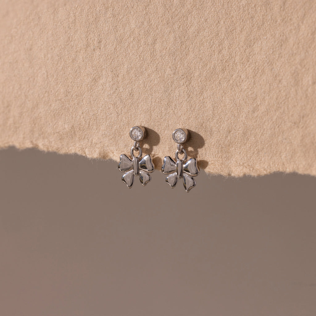 Diamond Bow Drop Studs Silver 18K Gold Plated