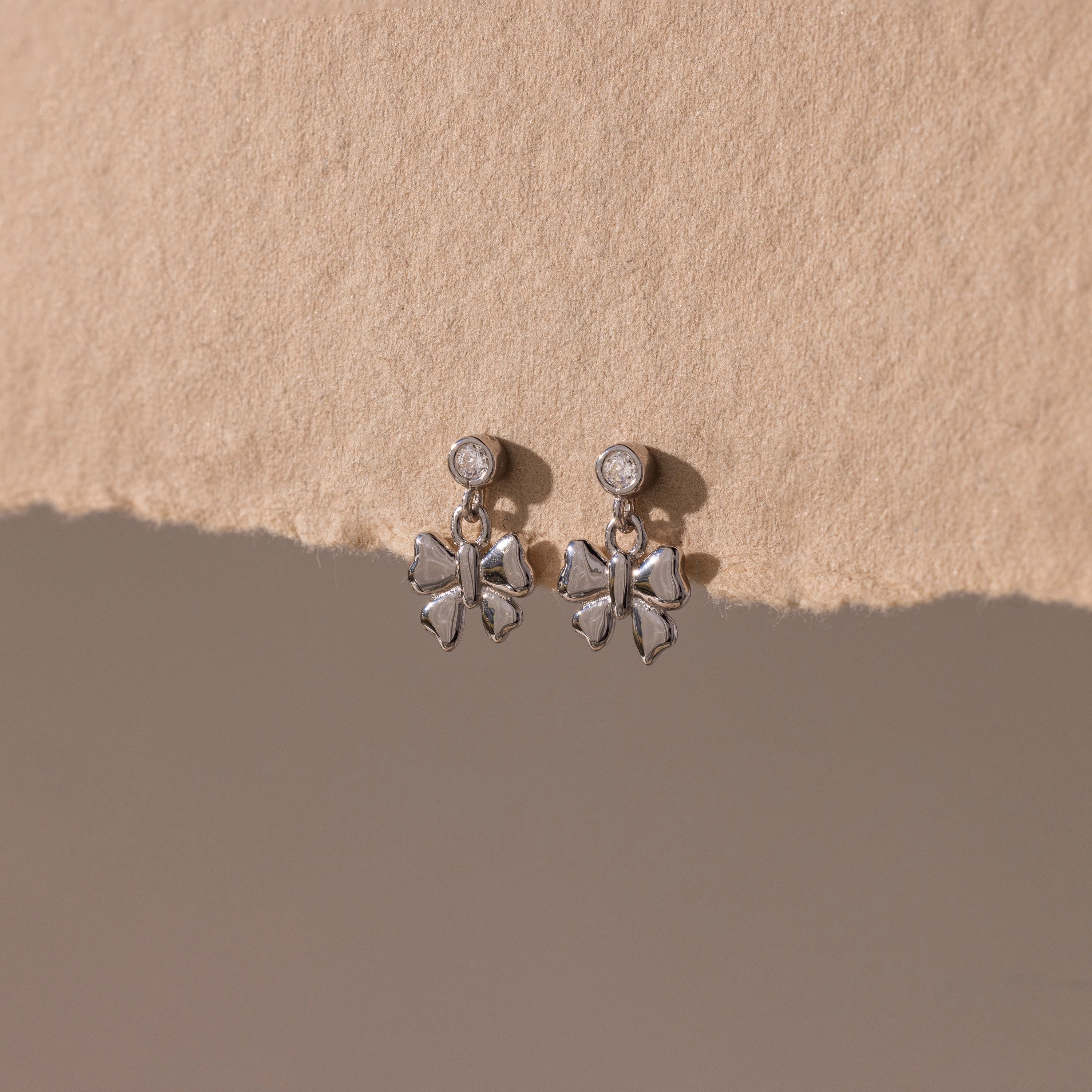 Diamond Bow Drop Studs Silver 18K Gold Plated