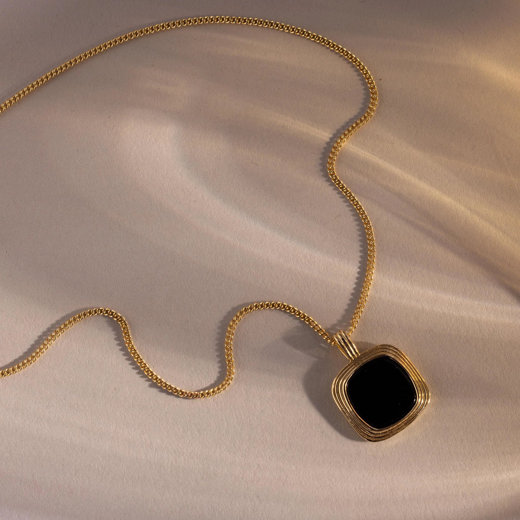 Square Onyx Necklace Silver 18K Gold Plated