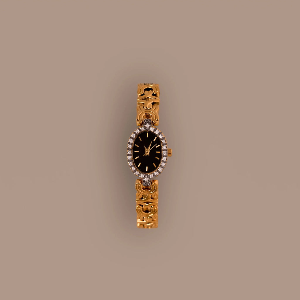 Diamond Pave Onyx Timepiece Silver 18K Gold Plated