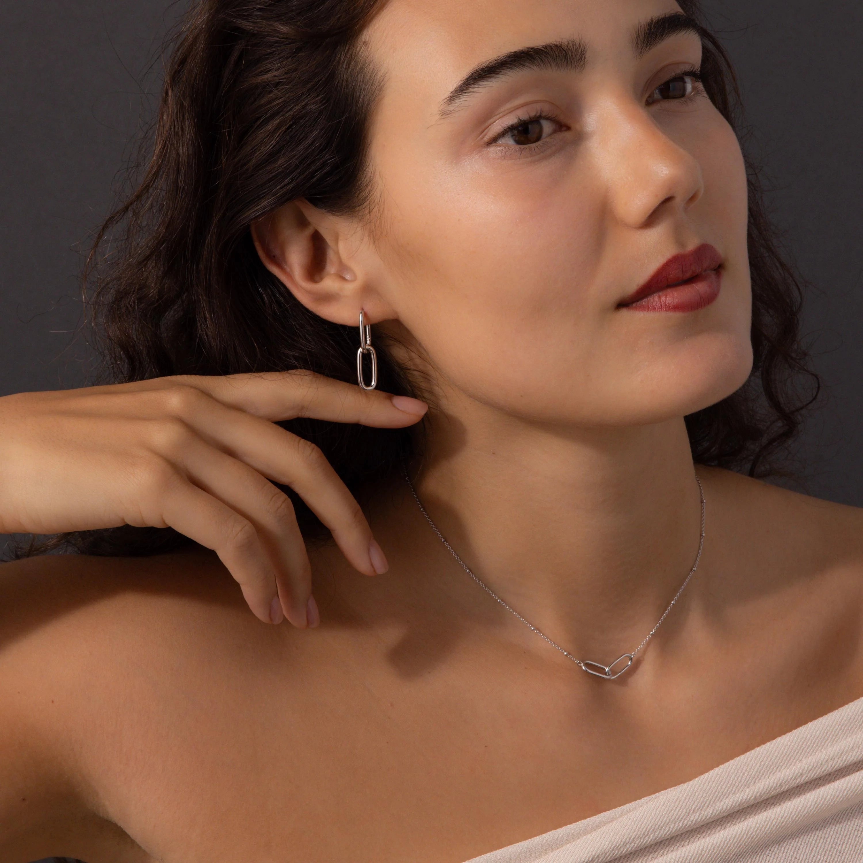 Linked Charm Necklace and Earrings Set Silver 18K Gold Plated