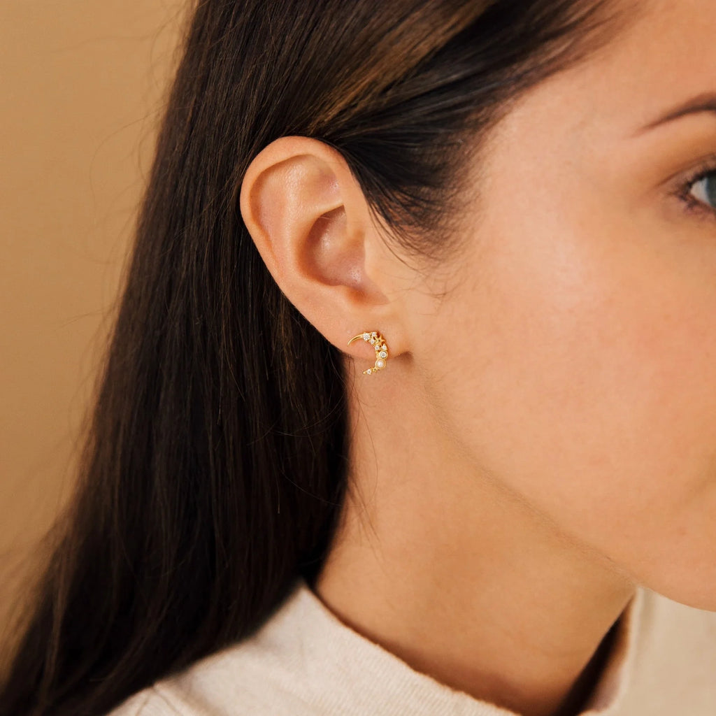 Crescent Moon & Star Stud Silver 18K Gold Plated