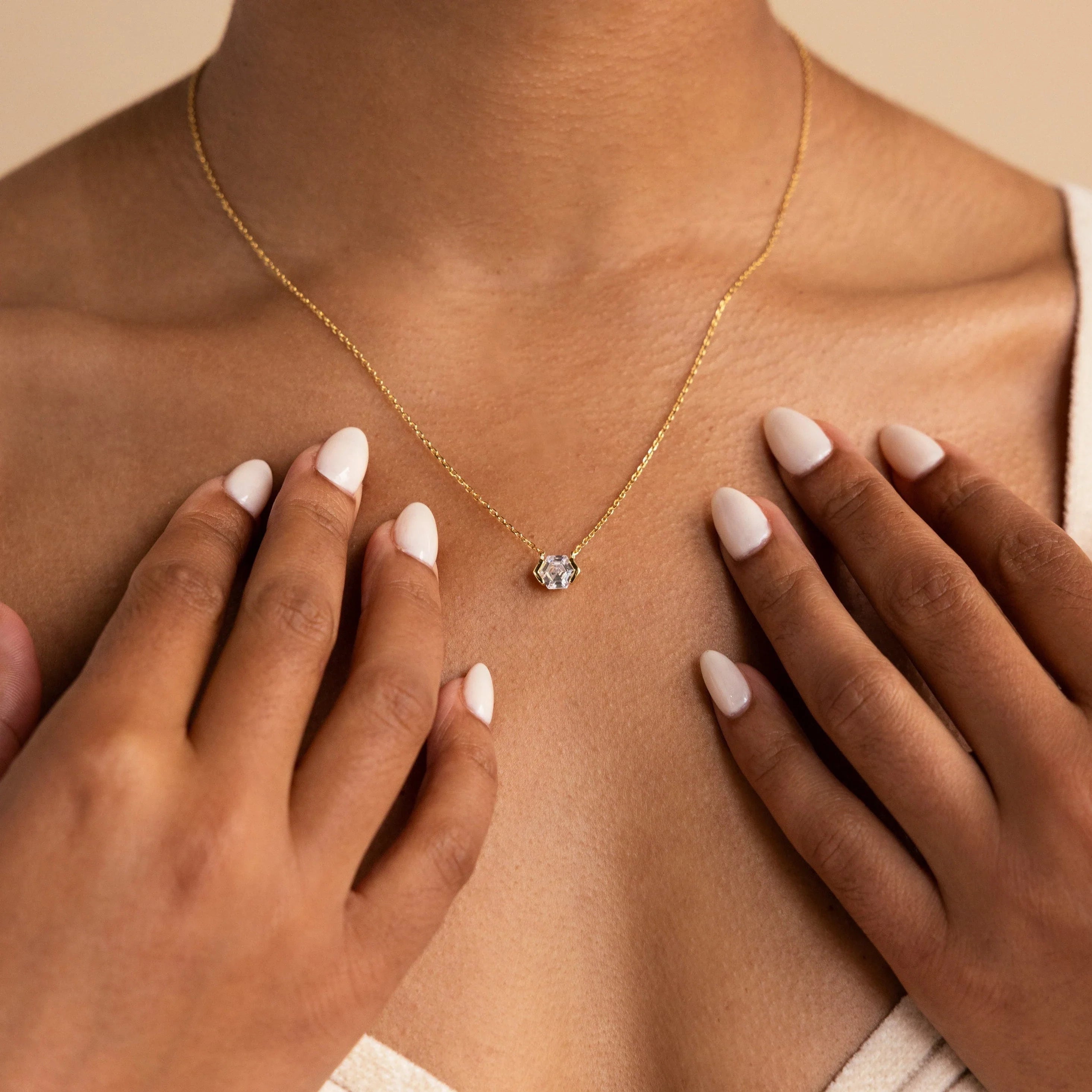 Encased Hexagon Diamond Necklace Silver 18K Gold Plated