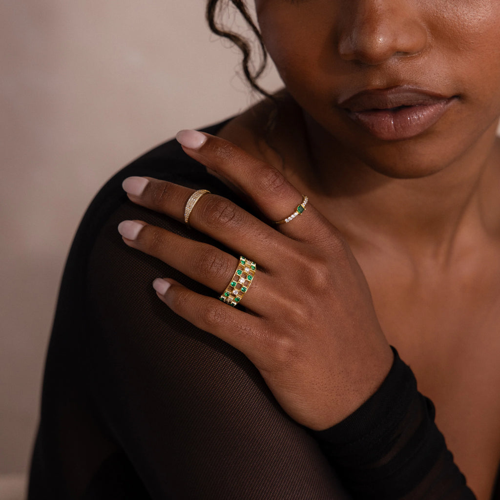Lace Checkered Emerald Ring Silver 18K Gold Plated