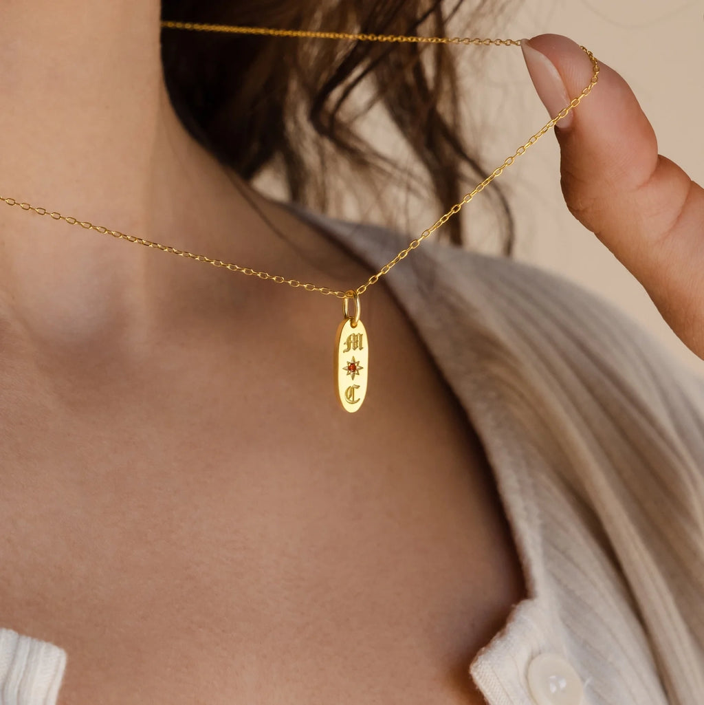 Old English Oval Tag Necklace Silver 18K Gold Plated