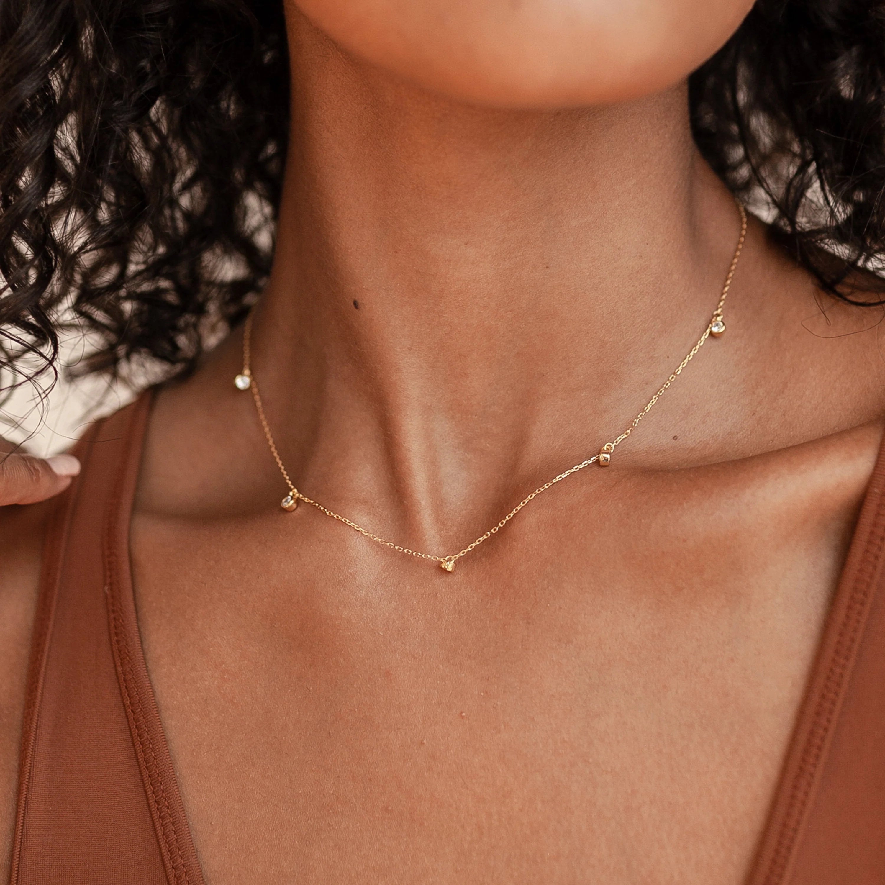 Diamond Station Necklace Silver 18K Gold Plated