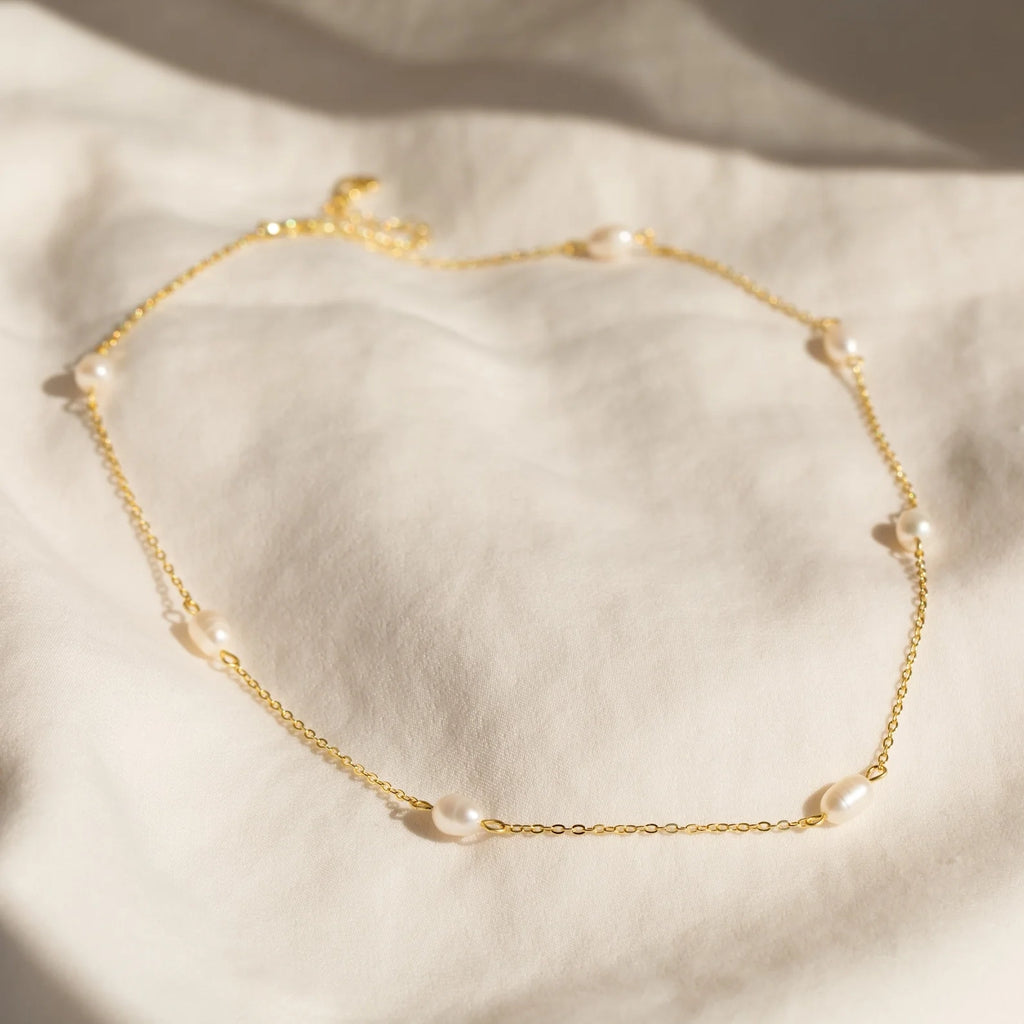 Anna Pearl Station Necklace Silver 18K Gold Plated