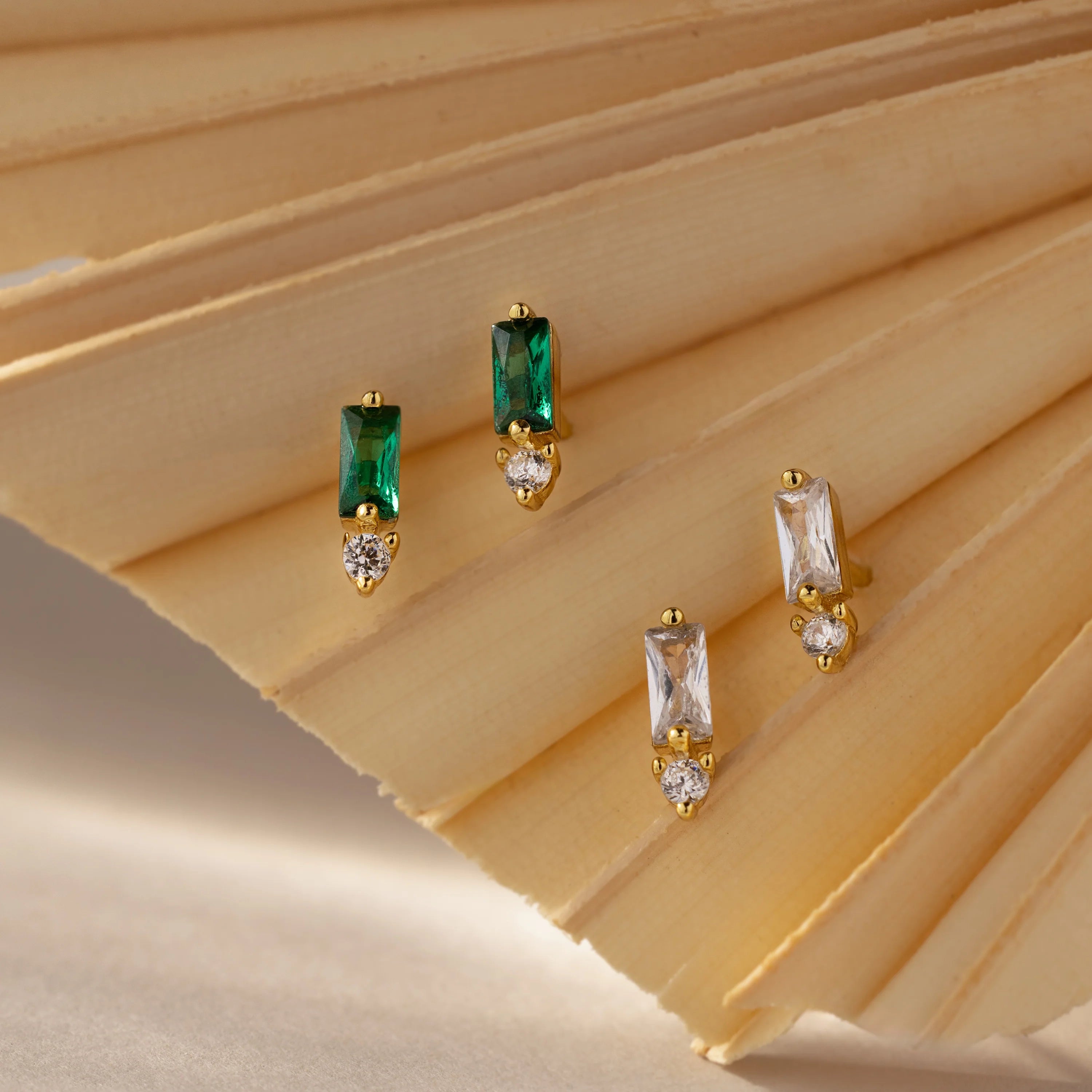 Diamond Baguette Birthstone Drop Studs Silver 18K Gold Plated