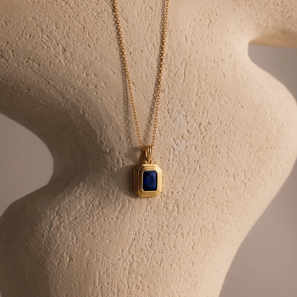 Ribbed Sapphire Pendant Necklace Silver 18K Gold Plated