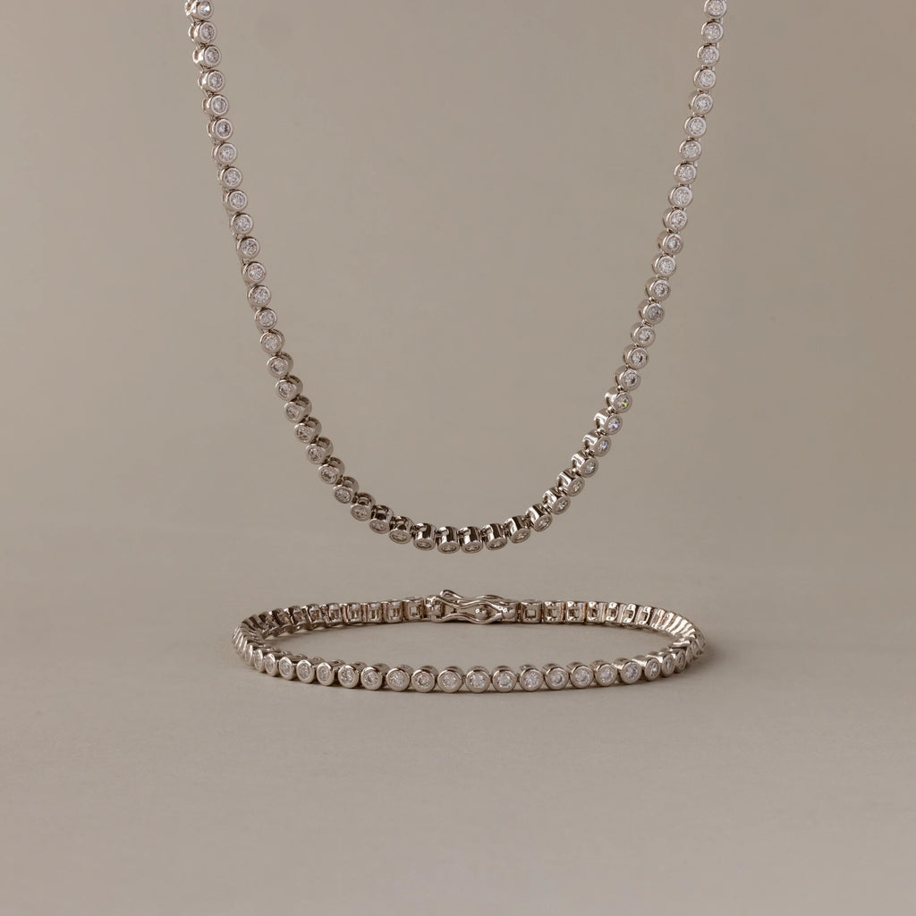 Diamond Bezel Tennis Necklace & Bracelet Set Silver 18K Gold Plated
