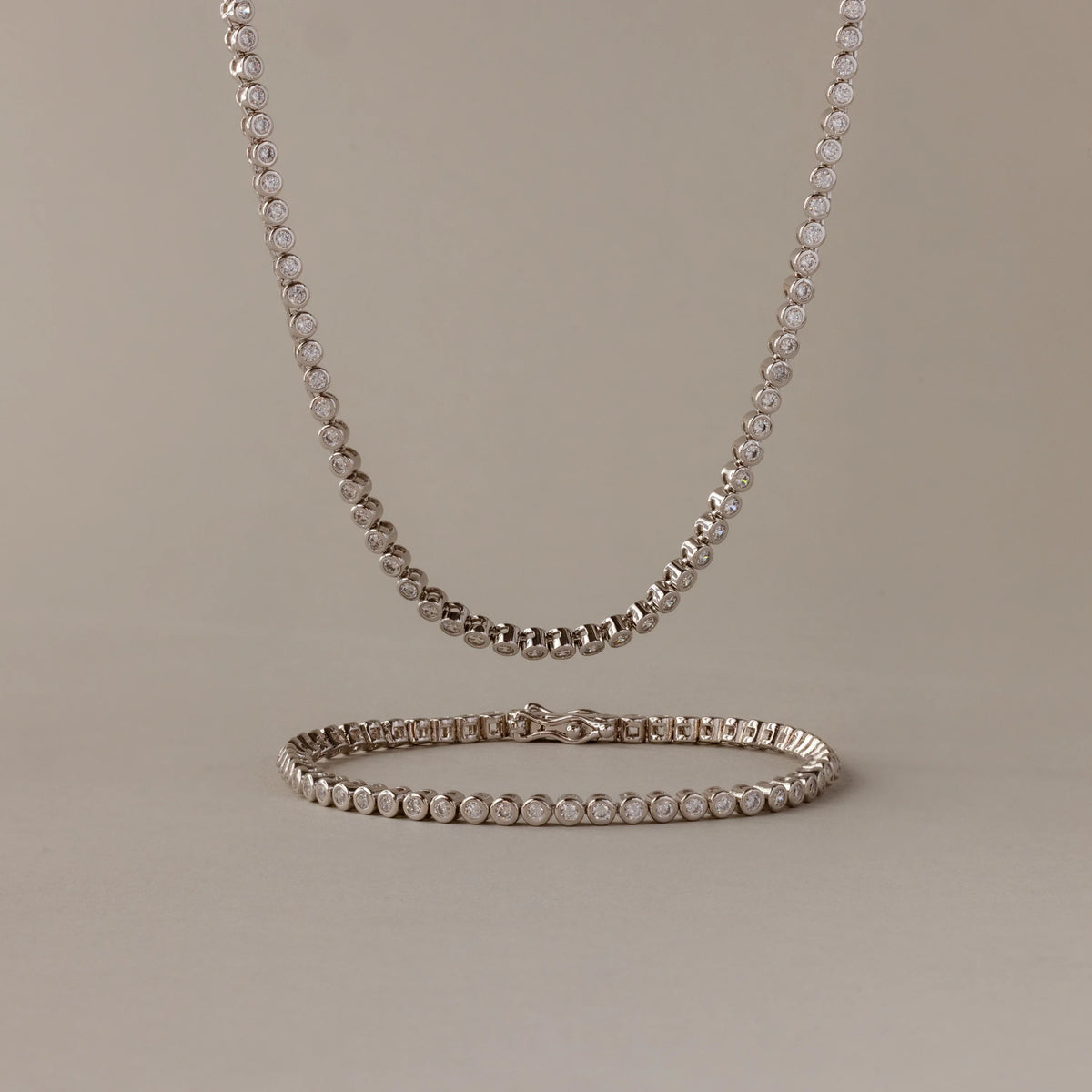 Diamond Bezel Tennis Necklace & Bracelet Set Silver 18K Gold Plated