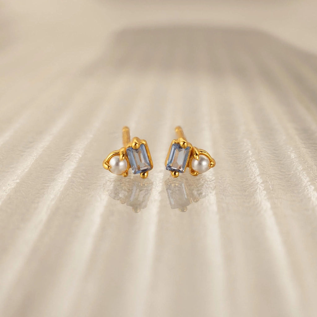 Baguette Aquamarine Pearl Studs Silver 18K Gold Plated