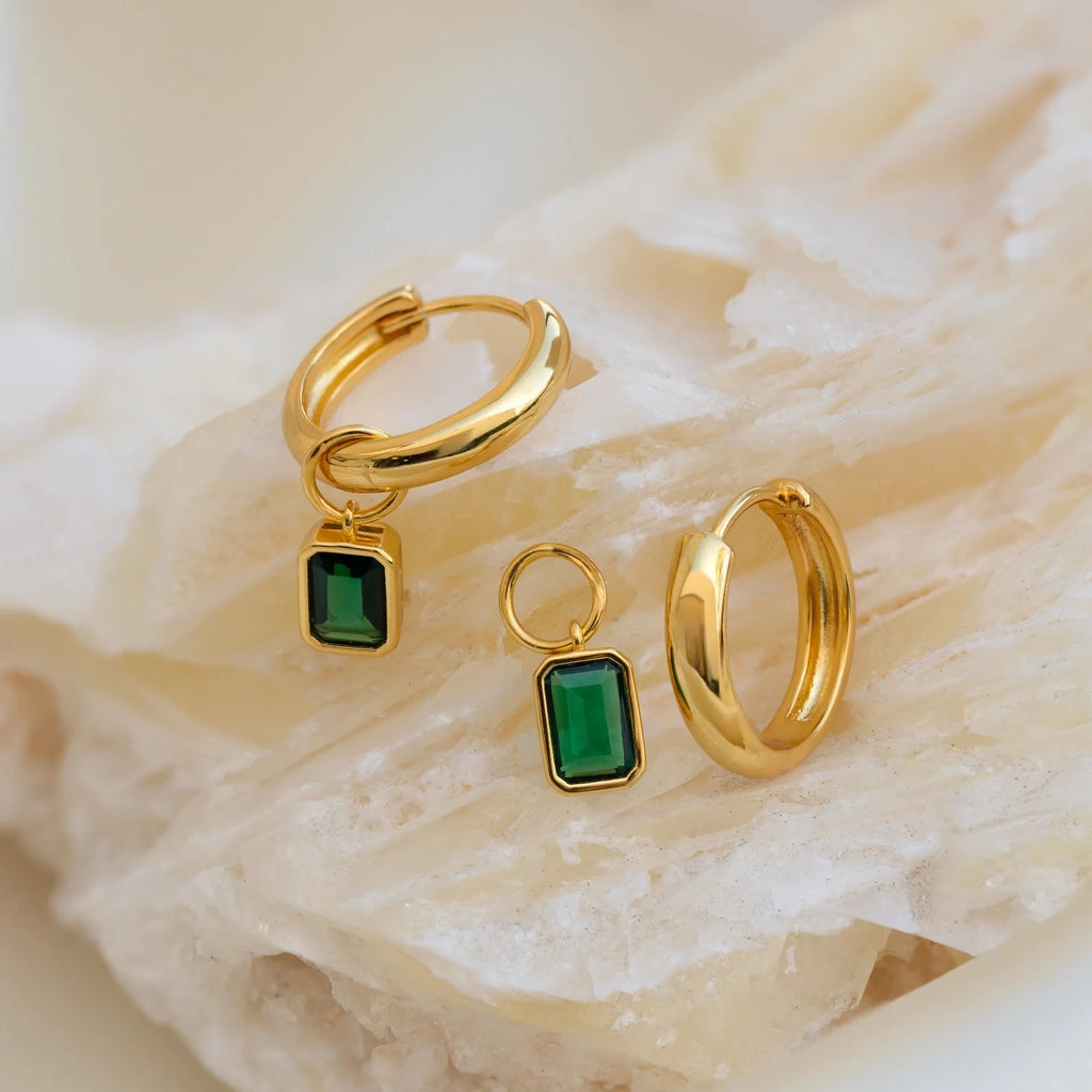 Dangling Emerald Birthstone Hoops Silver 18K Gold Plated