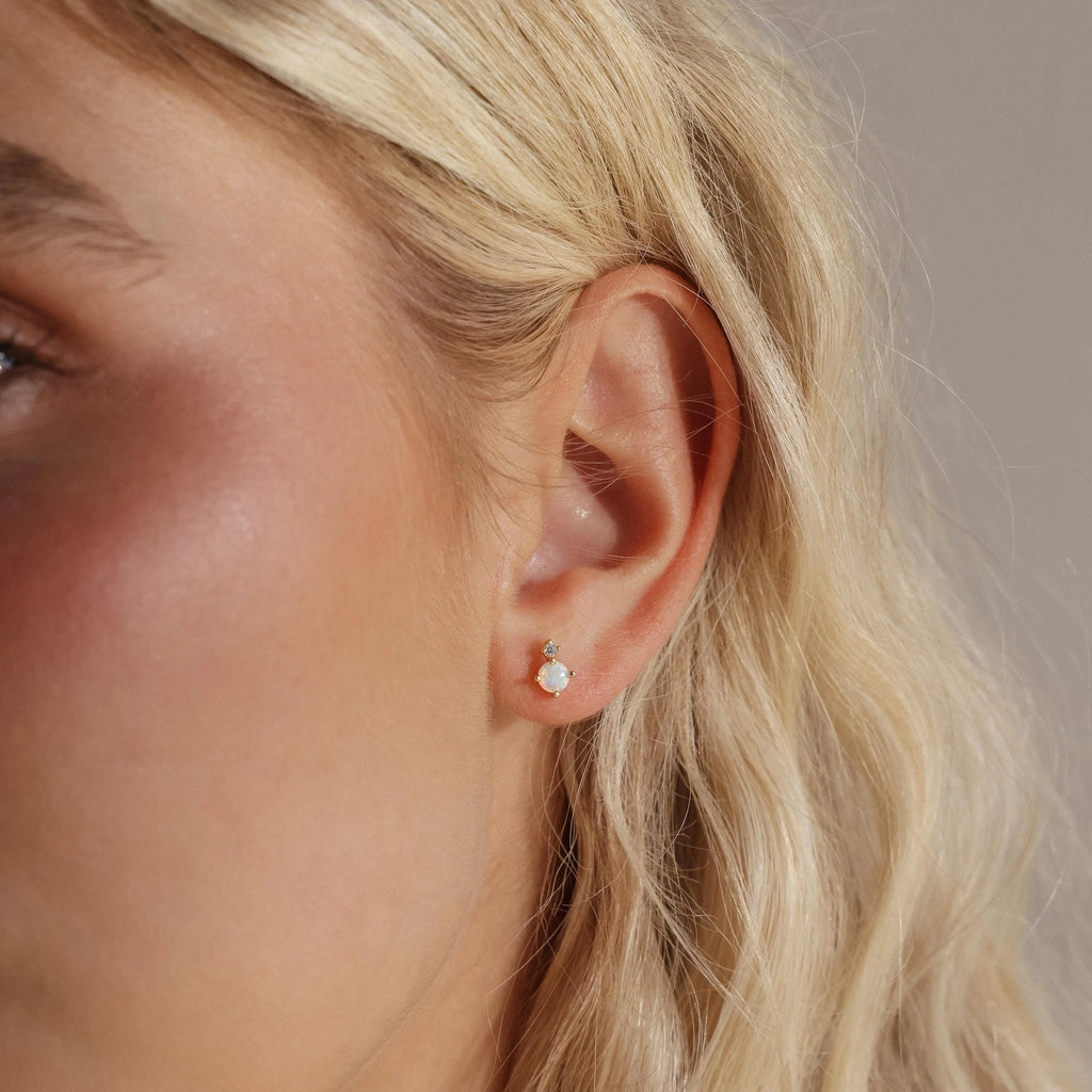 Opal & Diamond Flatback Studs Silver 18K Gold Plated