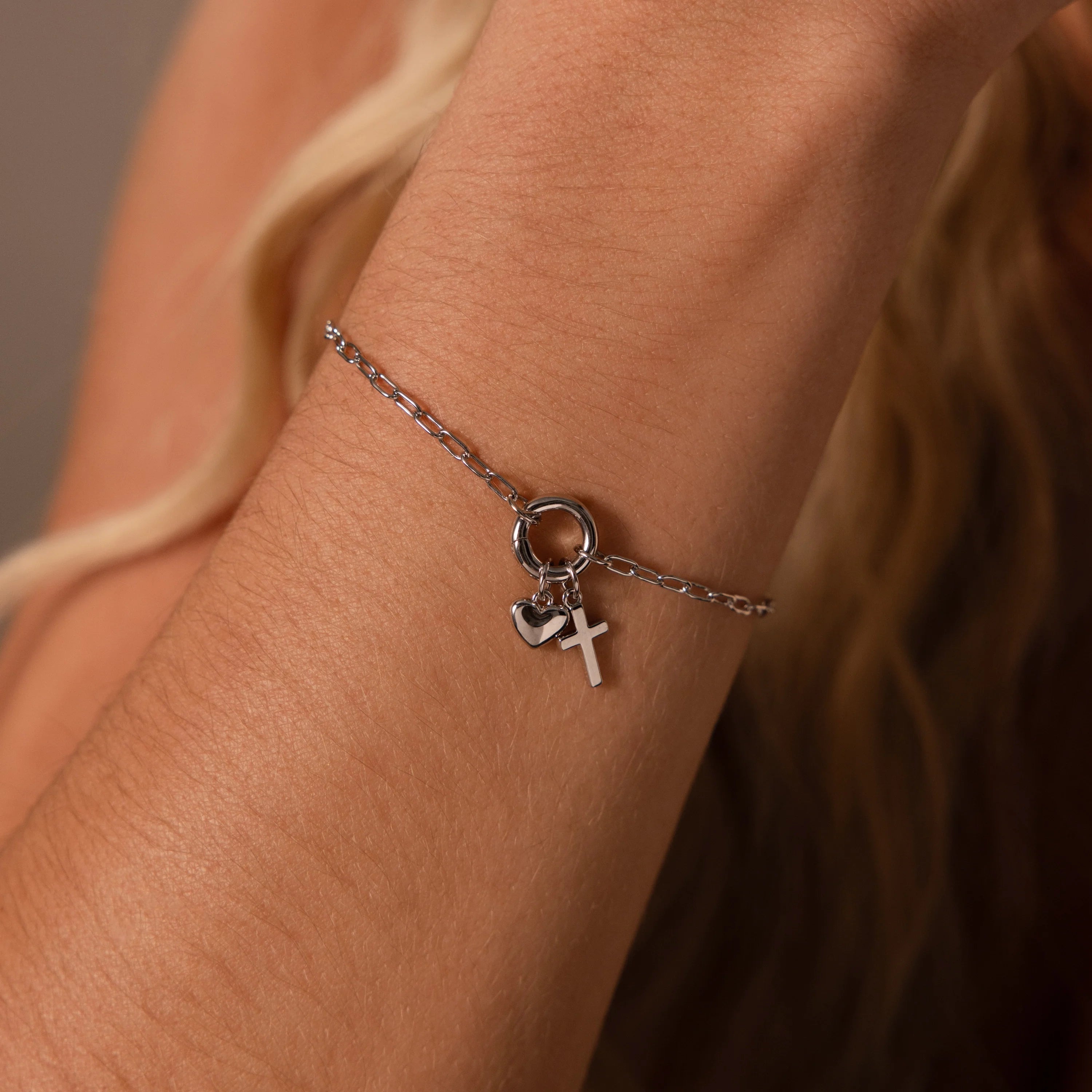 Cross & Heart Charm Bracelet Silver 18K Gold Plated