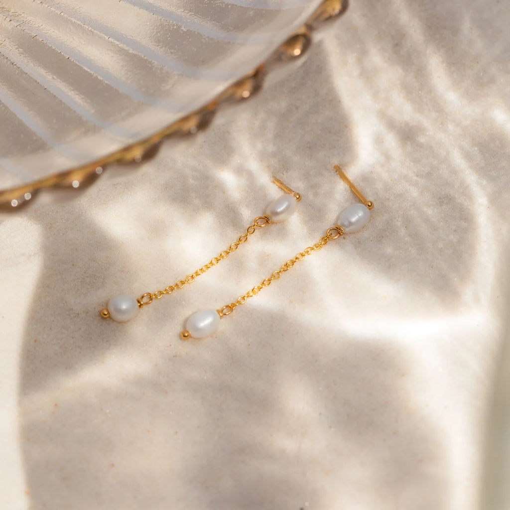Pearl Drop Chain Earrings Silver 18K Gold Plated