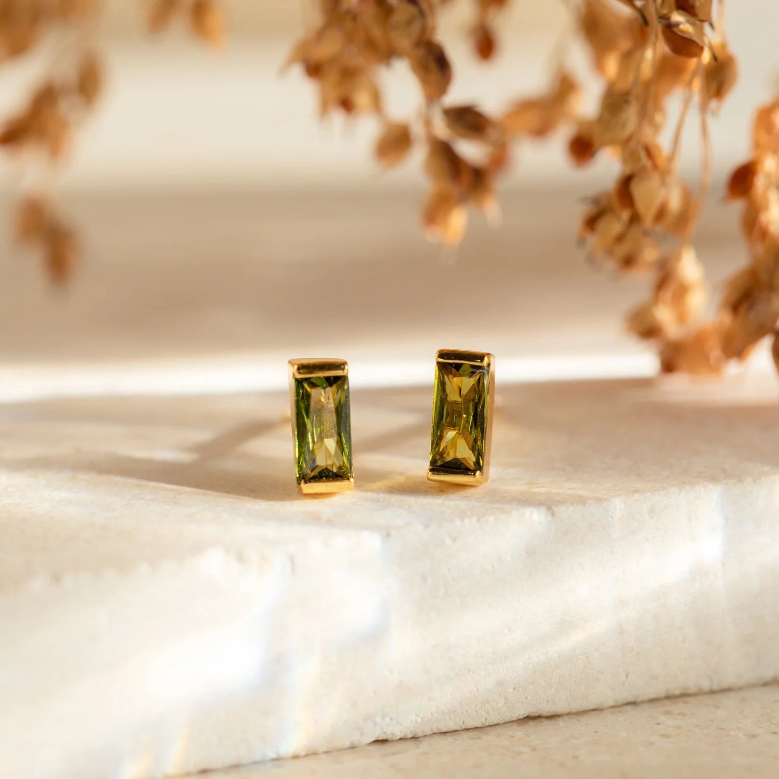Baguette Birthstone Studs Silver 18K Gold Plated