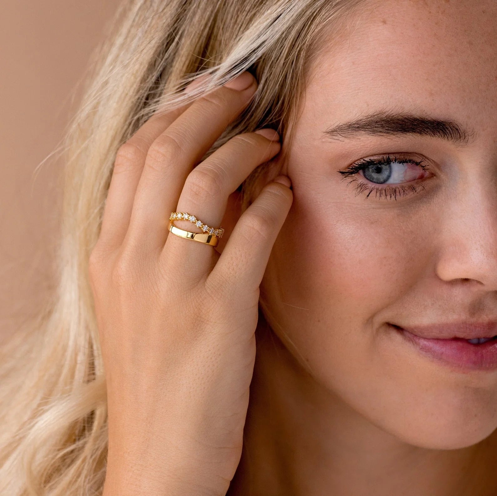 Wave Diamond Duo Ring Silver 18K Gold Plated