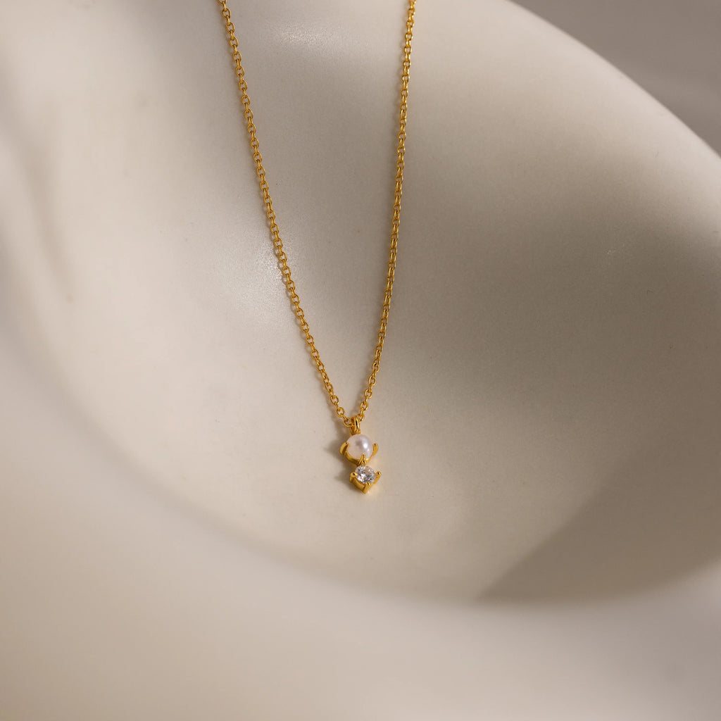 Pearl Diamond Drop Necklace Silver 18K Gold Plated