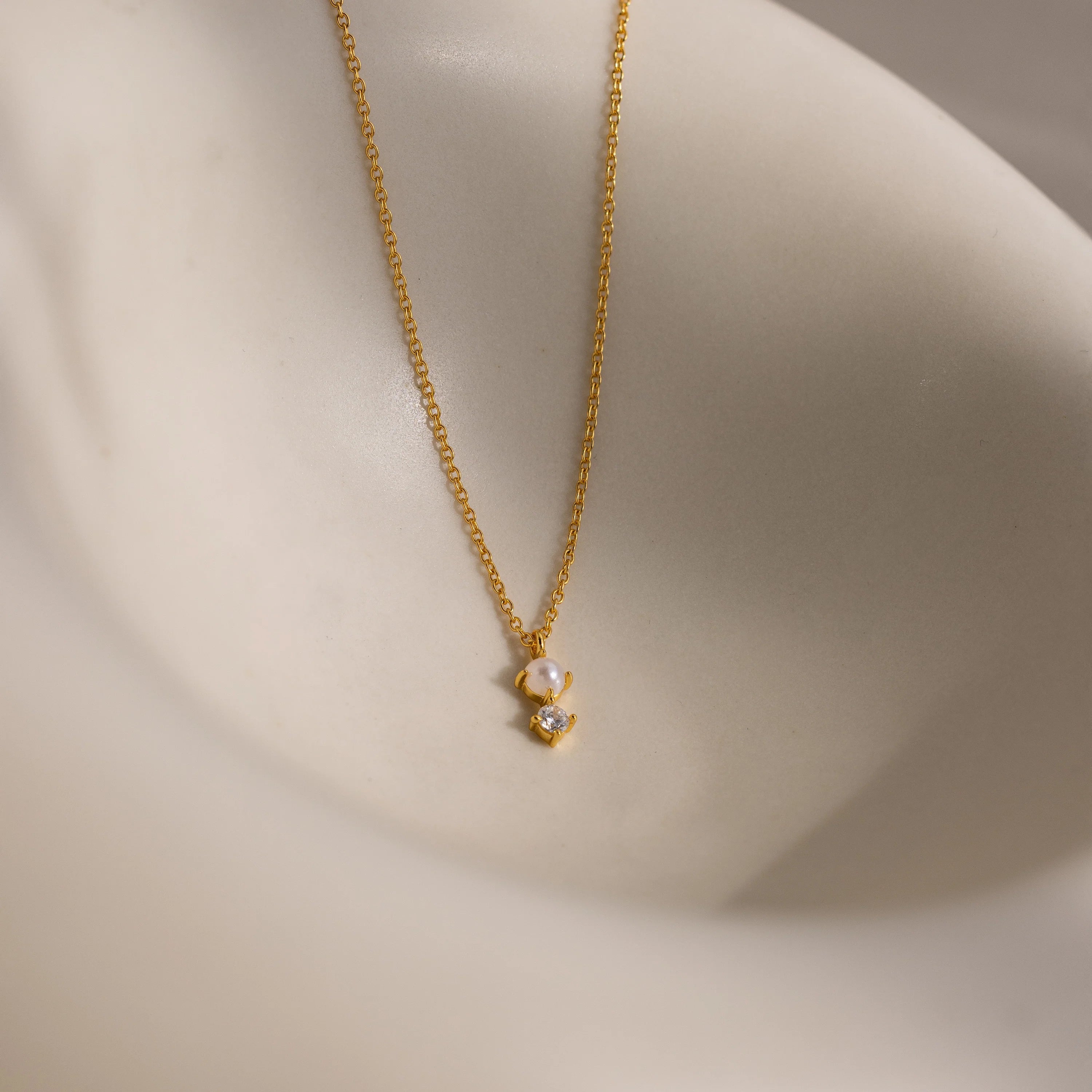 Pearl Diamond Drop Necklace Silver 18K Gold Plated