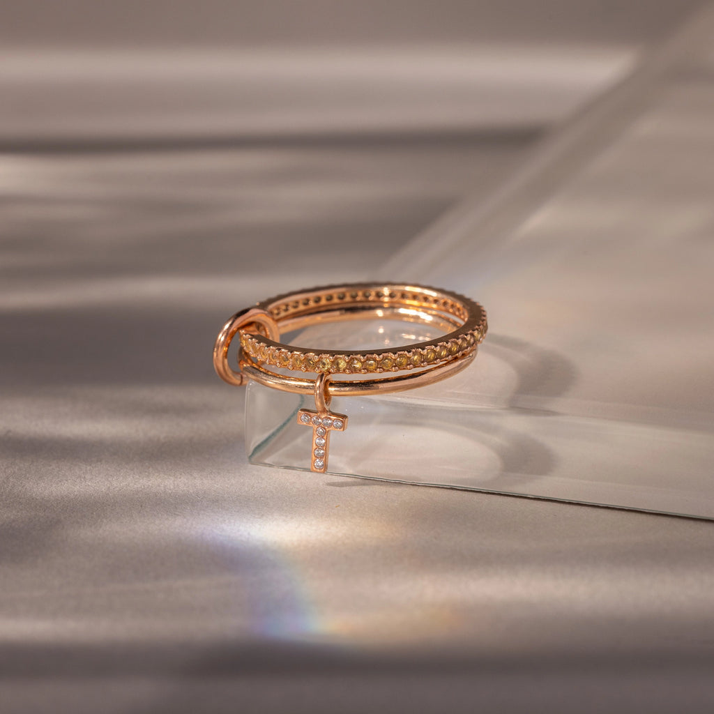 Initial Topaz Linked Ring Set Silver 18K Gold Plated