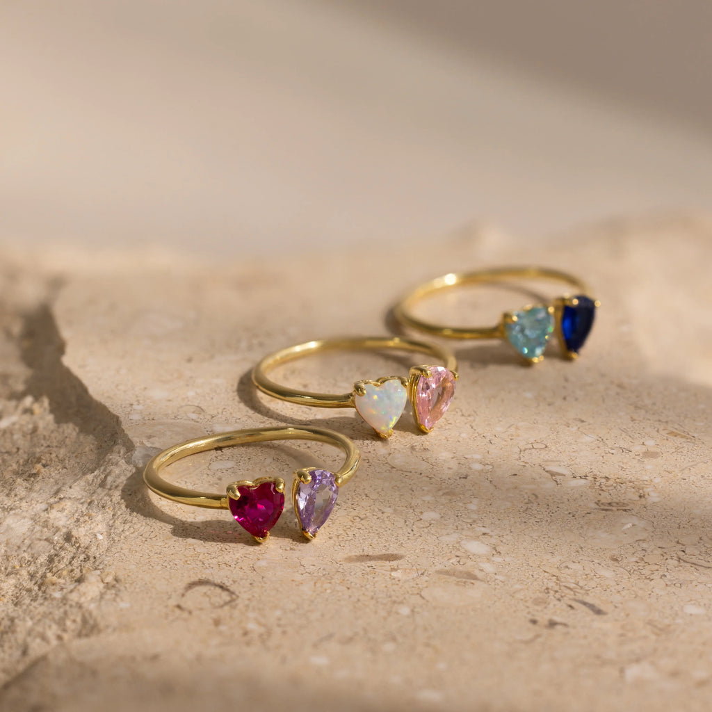 Toi et Moi Heart-Pear Cut Birthstone Ring Silver 18K Gold Plated