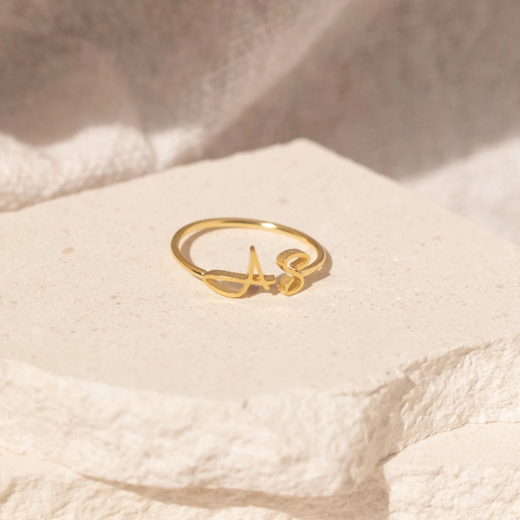Hallie Duo Initial Ring Silver 18K Gold Plated