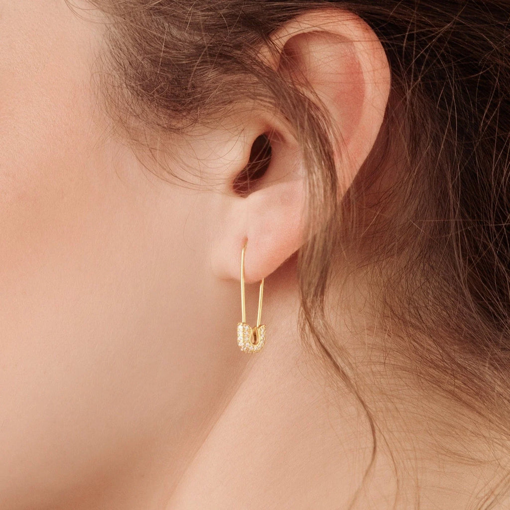 Pave Safety Pin Earrings Silver 18K Gold Plated