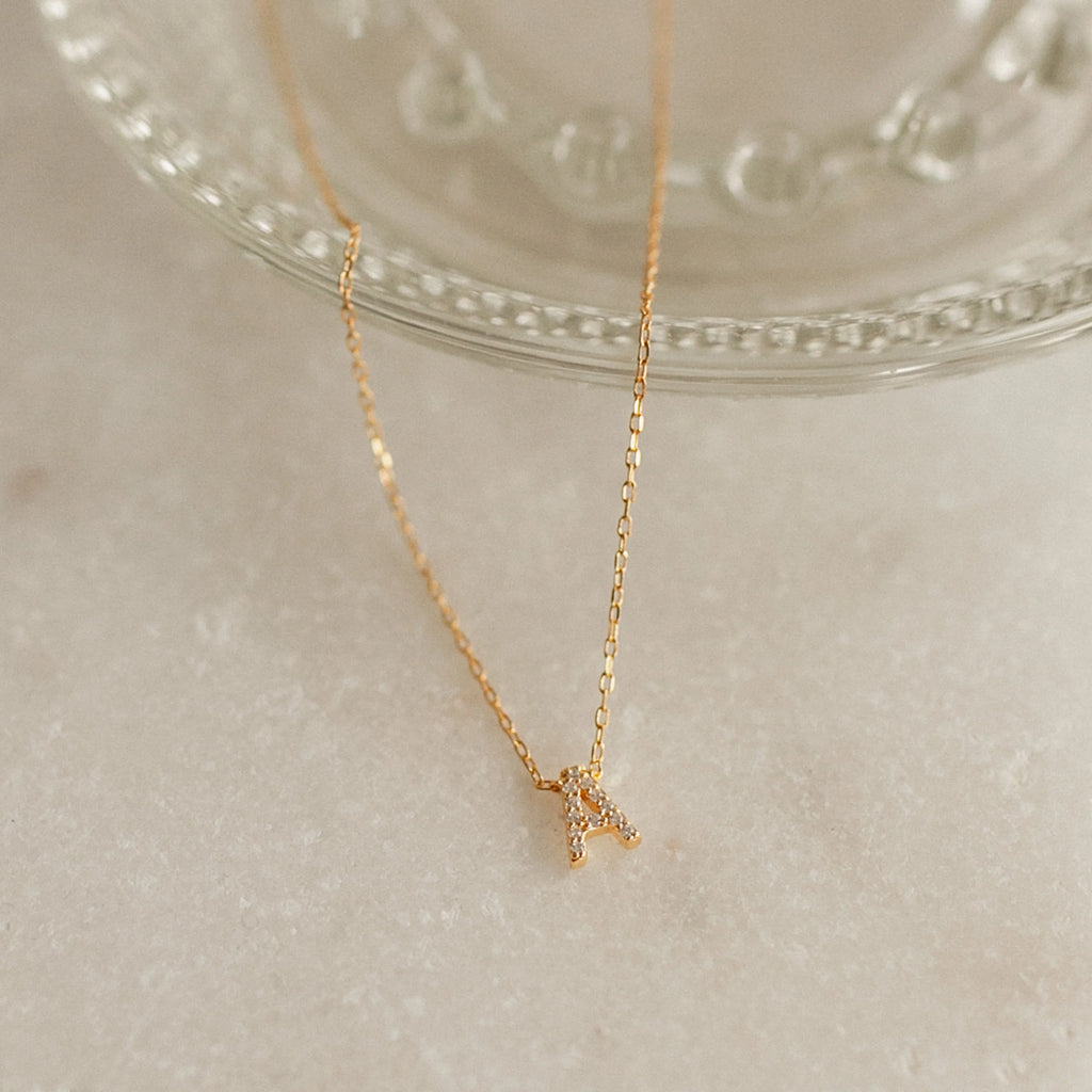 Pave Initial Necklace Silver 18K Gold Plated