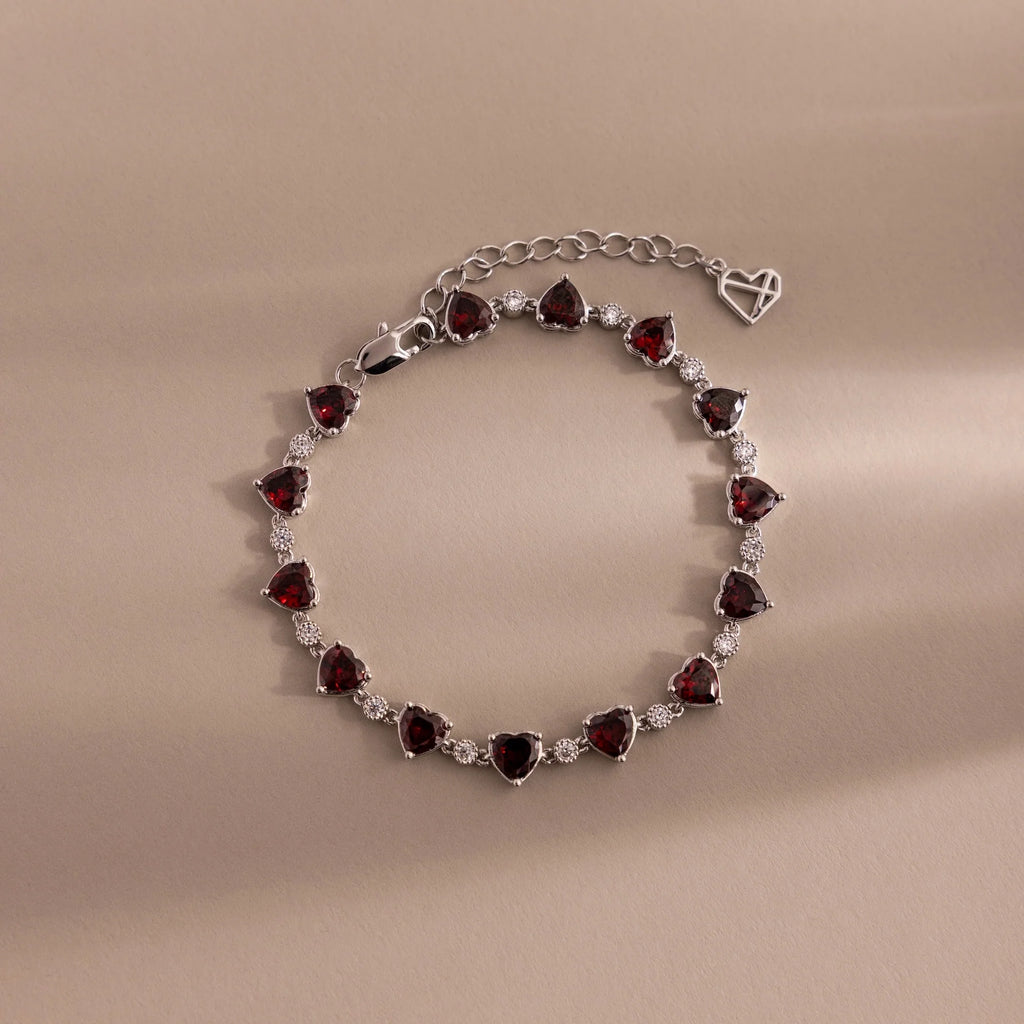 Diamond Garnet Heart Tennis Bracelet Silver 18K Gold Plated