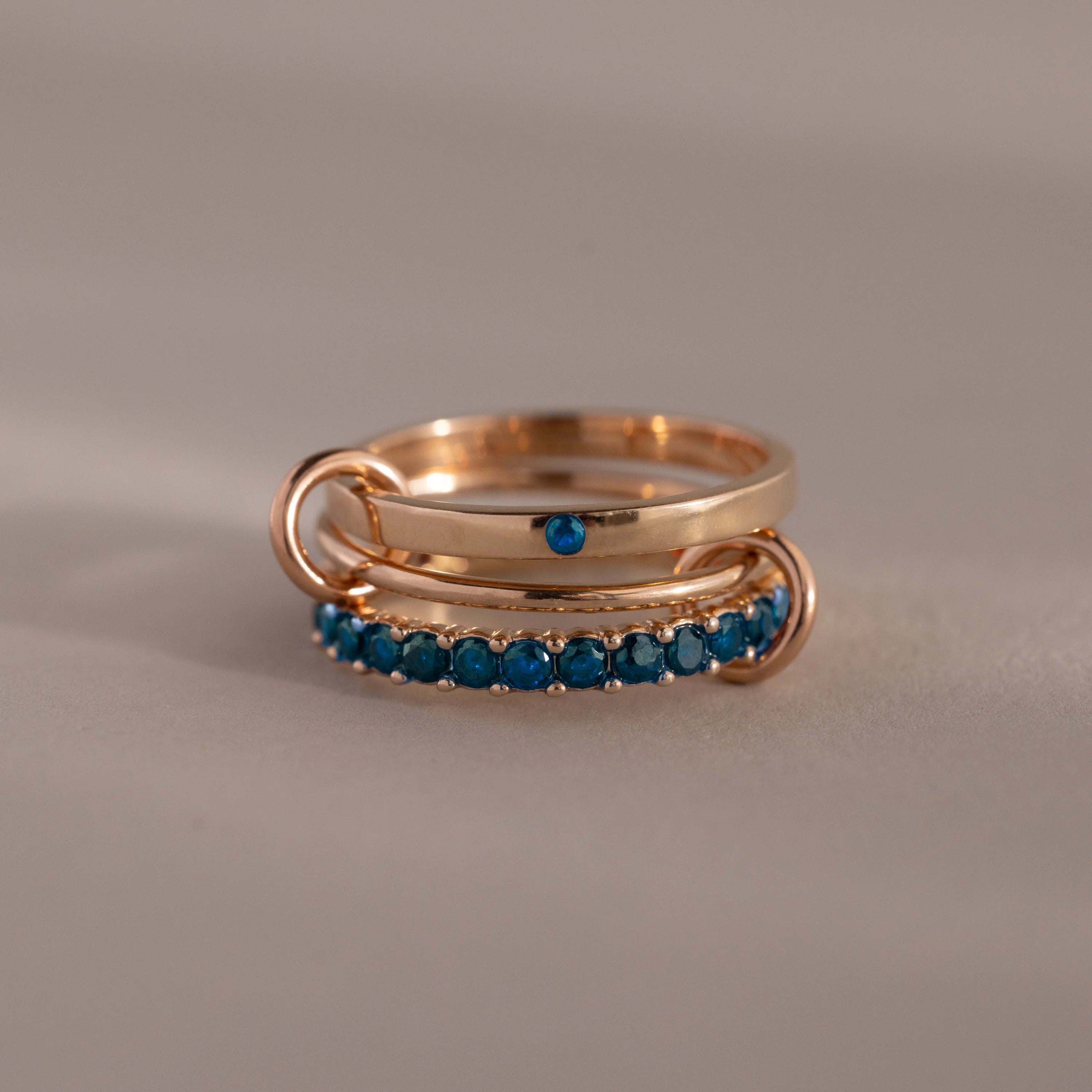 Triple Linked Blue Zircon Ring Set Silver 18K Gold Plated