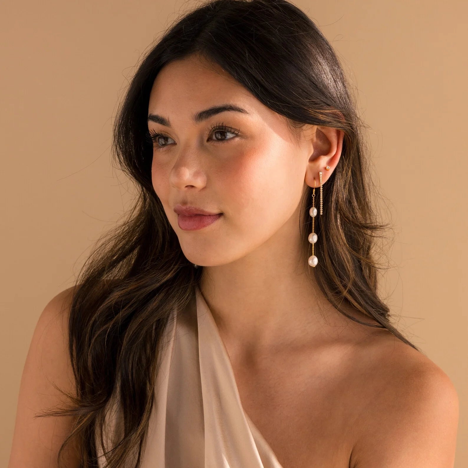 Long Pearl Dangle Earrings Silver 18K Gold Plated