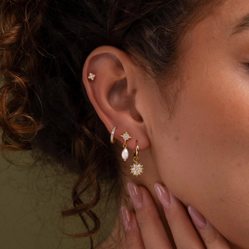 Diamond Poinsettia Charm Hoops Silver 18K Gold Plated