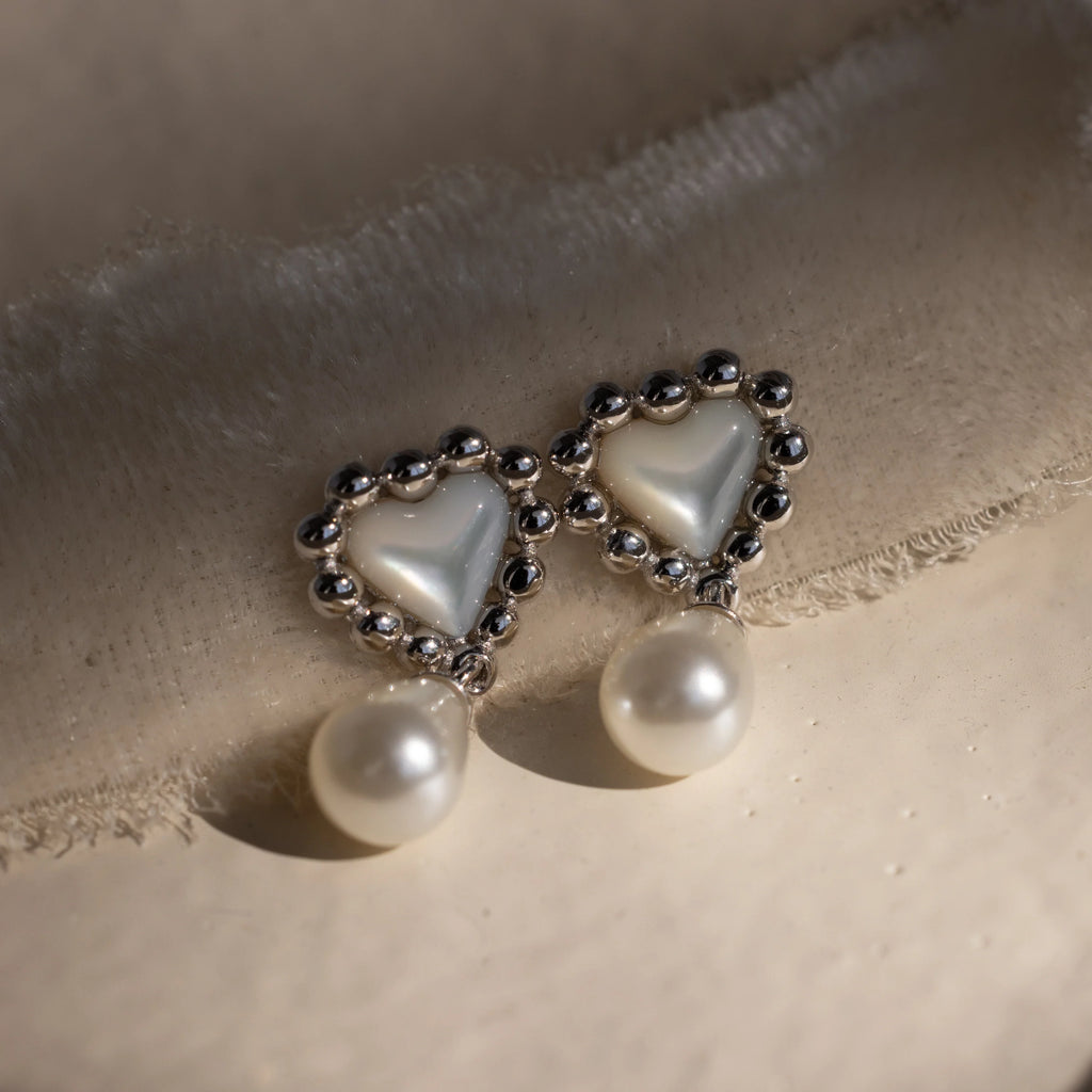 Pearl Heart Beaded Drop Studs Silver 18K Gold Plated