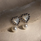 Pearl Heart Beaded Drop Studs Silver 18K Gold Plated
