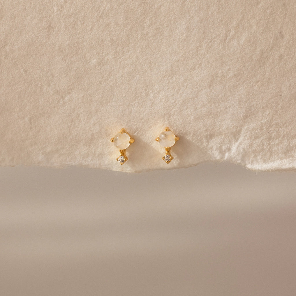 Diamond Moonstone Orbit Studs Silver 18K Gold Plated