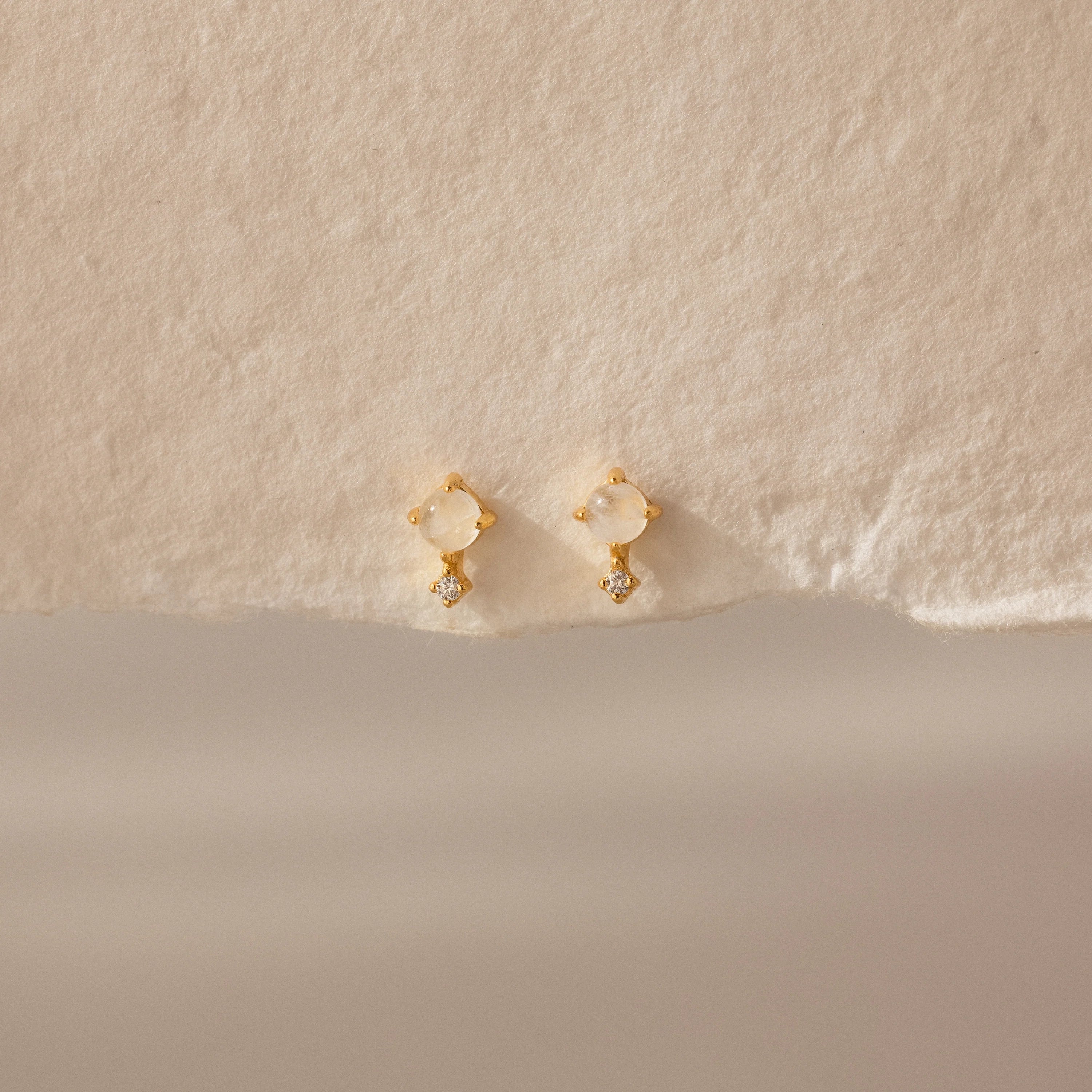 Diamond Moonstone Orbit Studs Silver 18K Gold Plated