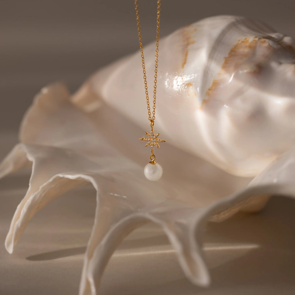 North Star Pearl Necklace Silver 18K Gold Plated
